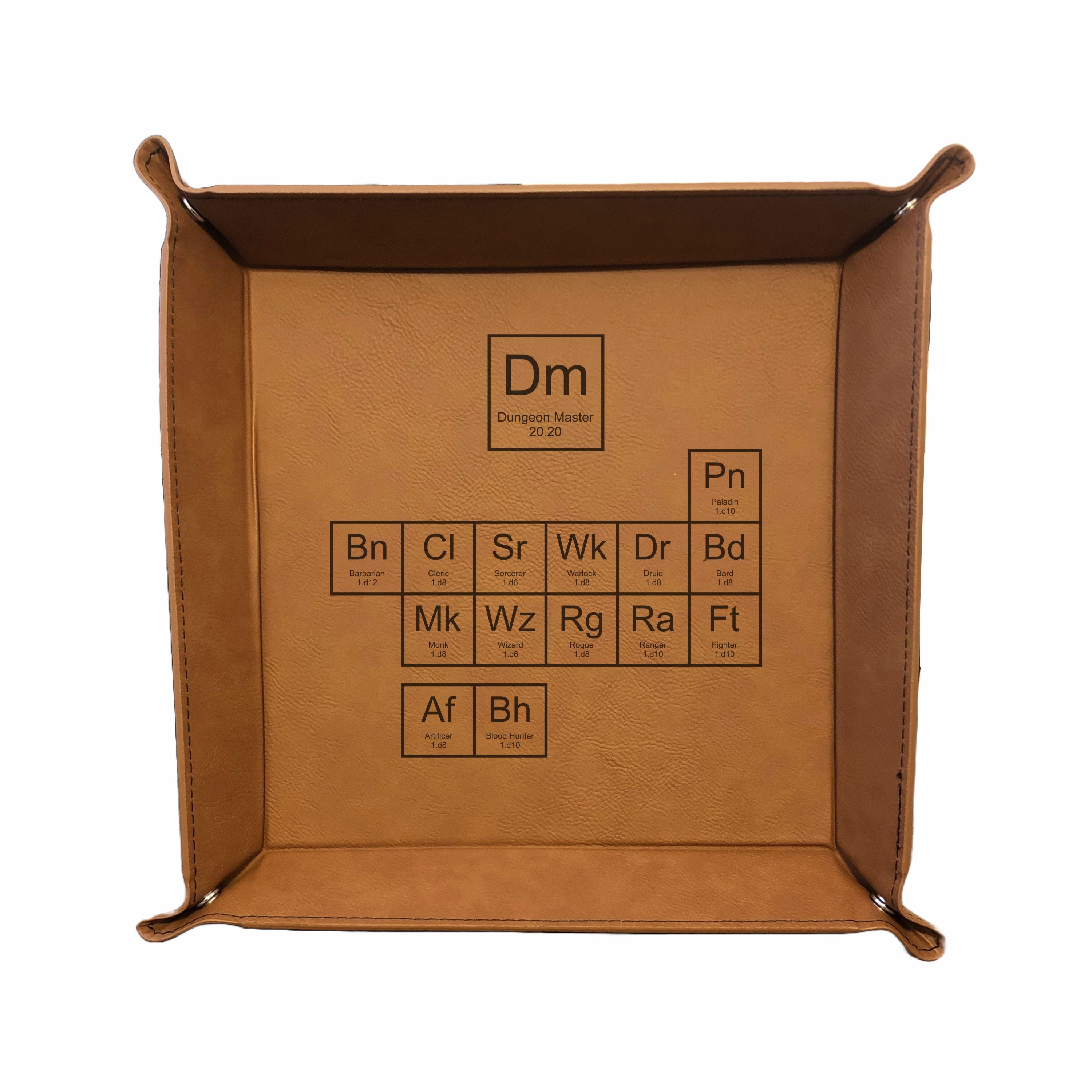 DND Dice Tray Periodic Table of Classes Engraved Leatherette Snap Tray, DND Gifts Dungeons Dragons