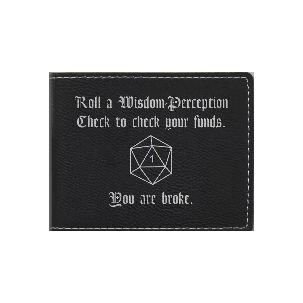 DND Gifts Wisdom Check Crit Fail Engraved Leatherette Bi-fold Wallet, D&D Dungeons Dragons