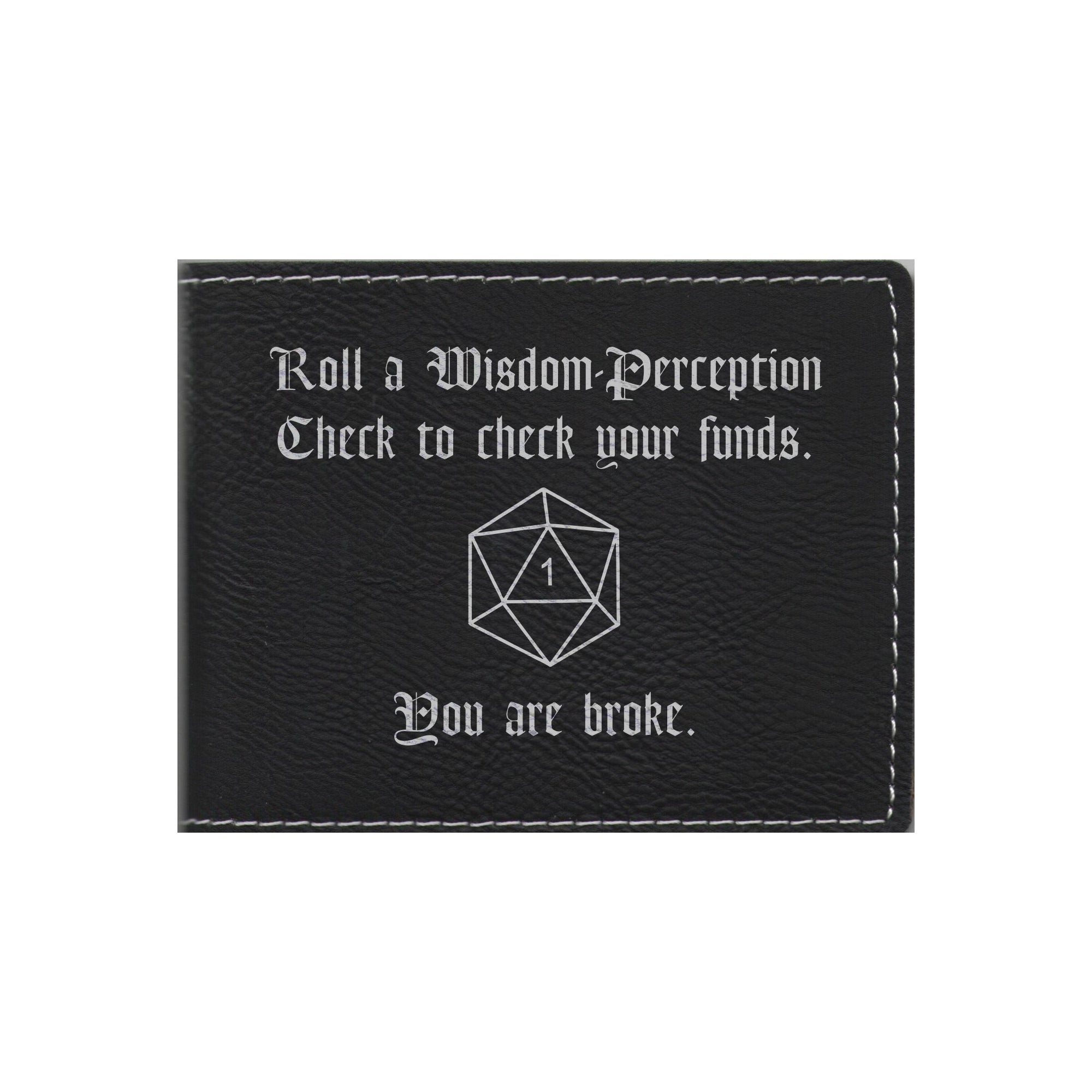DND Gifts Wisdom Check Crit Fail Engraved Leatherette Bi-fold Wallet, D&D Dungeons Dragons