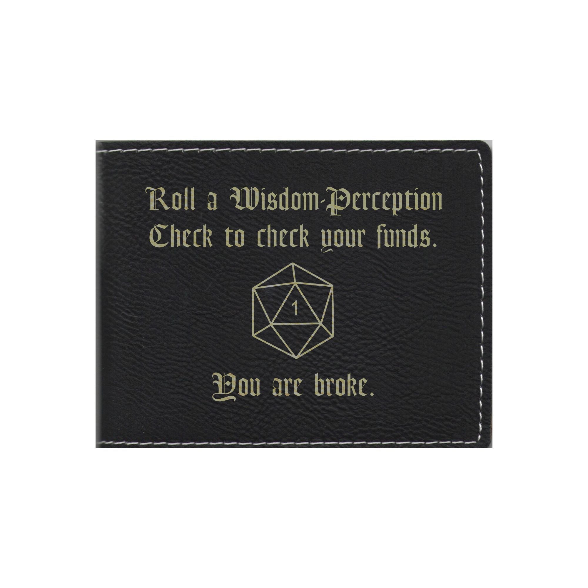 DND Gifts Wisdom Check Crit Fail Engraved Leatherette Bi-fold Wallet, D&D Dungeons Dragons