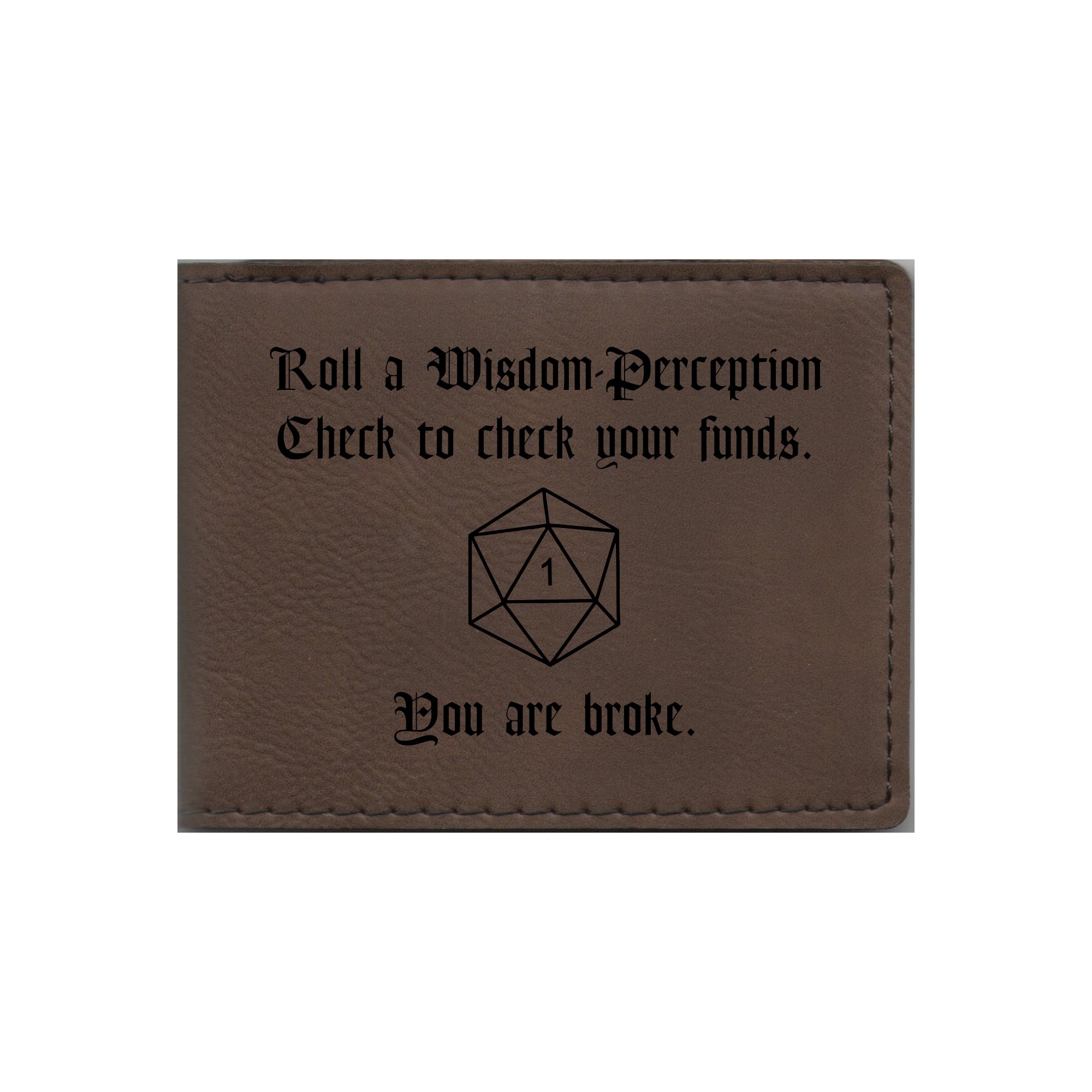 DND Gifts Wisdom Check Crit Fail Engraved Leatherette Bi-fold Wallet, D&D Dungeons Dragons