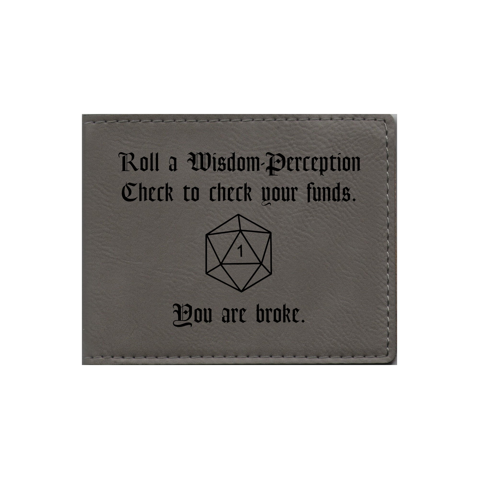 DND Gifts Wisdom Check Crit Fail Engraved Leatherette Bi-fold Wallet, D&D Dungeons Dragons