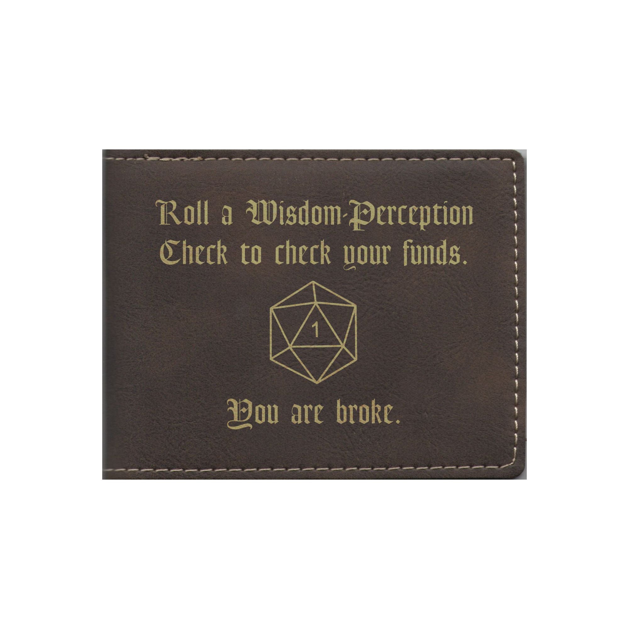 DND Gifts Wisdom Check Crit Fail Engraved Leatherette Bi-fold Wallet, D&D Dungeons Dragons