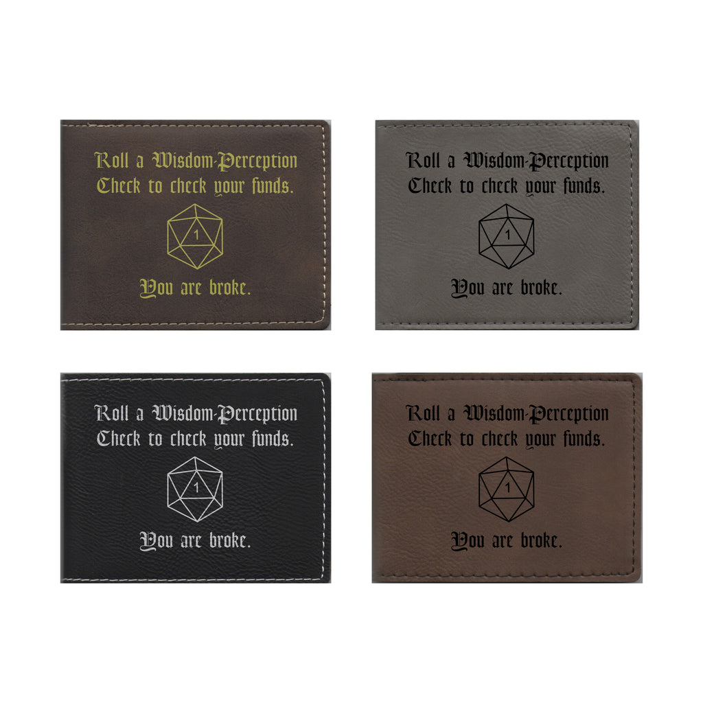 DND Gifts Wisdom Check Crit Fail Engraved Leatherette Bi-fold Wallet, D&D Dungeons Dragons