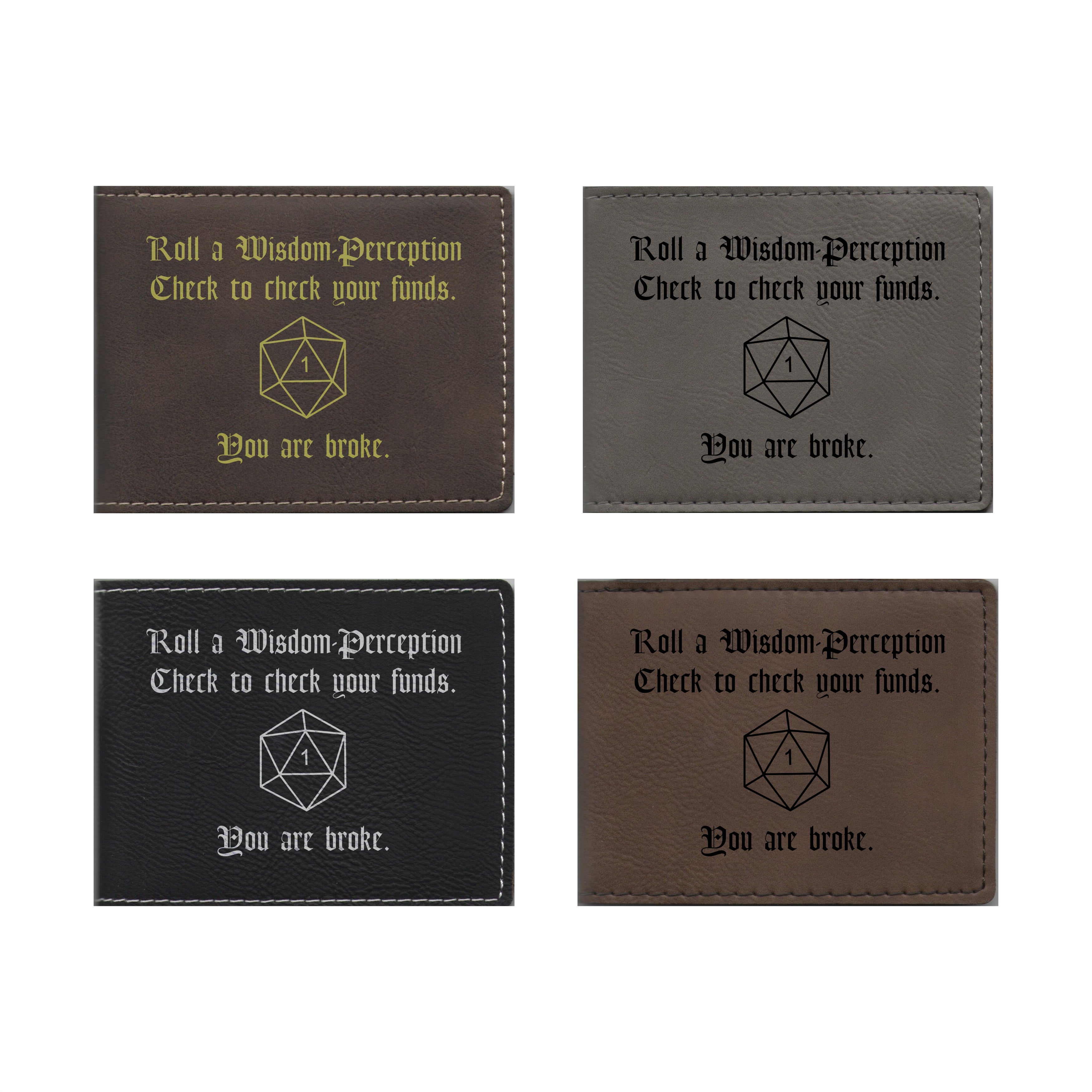 DND Gifts Wisdom Check Crit Fail Engraved Leatherette Bi-fold Wallet, D&D Dungeons Dragons