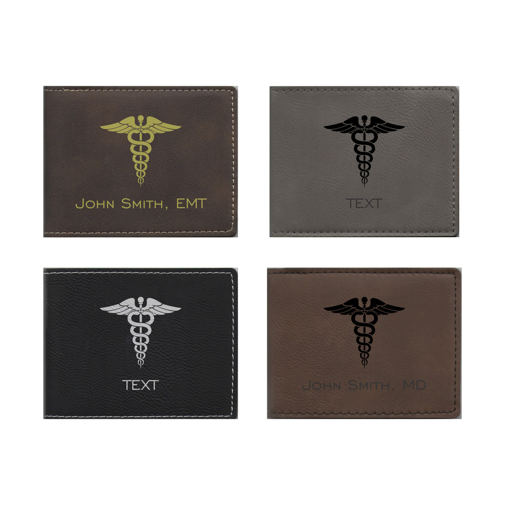Personalized Medical Field Leatherette Bi-fold Wallet Engraved Caduceus Symbol with Custom Text