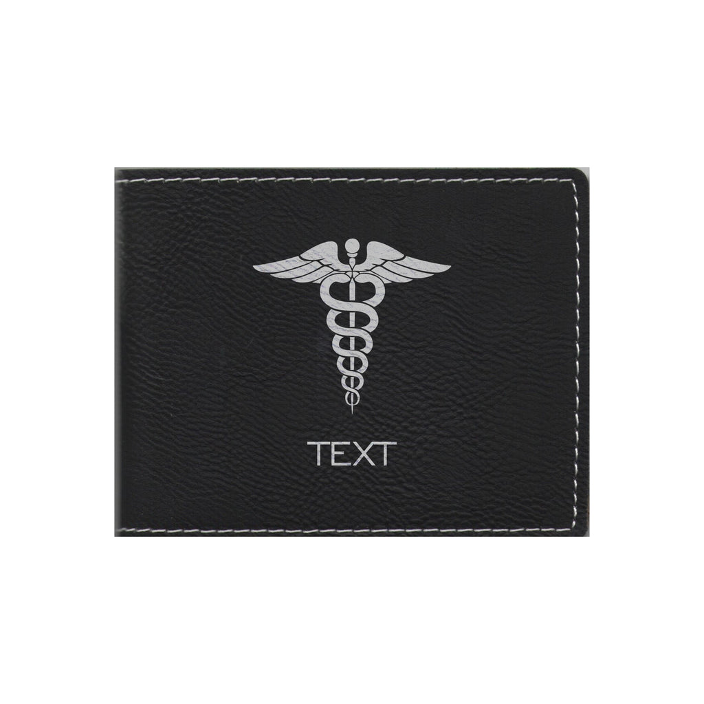 Personalized Medical Field Leatherette Bi-fold Wallet Engraved Caduceus Symbol with Custom Text
