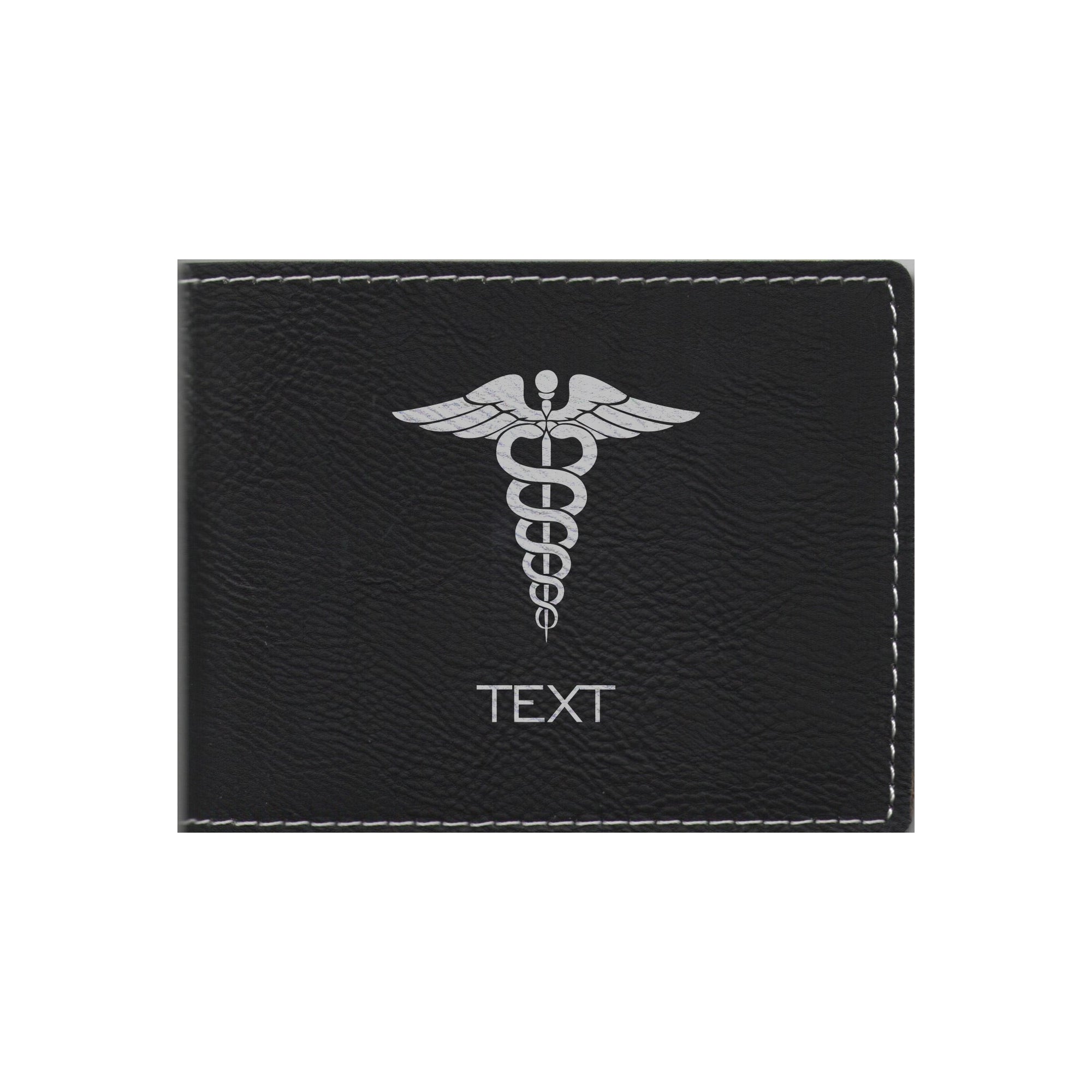 Personalized Medical Field Leatherette Bi-fold Wallet Engraved Caduceus Symbol with Custom Text