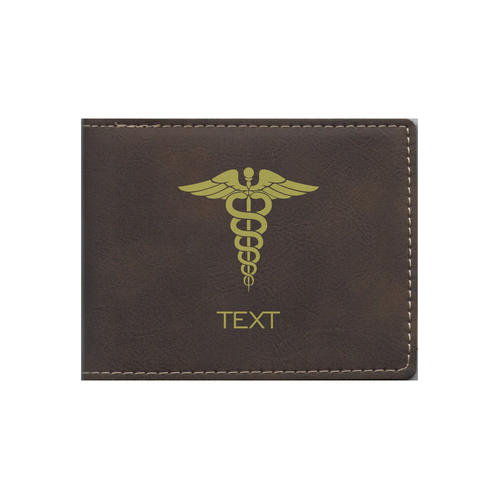 Personalized Medical Field Leatherette Bi-fold Wallet Engraved Caduceus Symbol with Custom Text