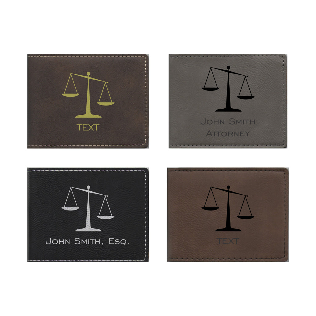 Personalized Lawyer Attorney Leatherette Bi-fold Wallet Engraved Scales of Justice with Custom Text