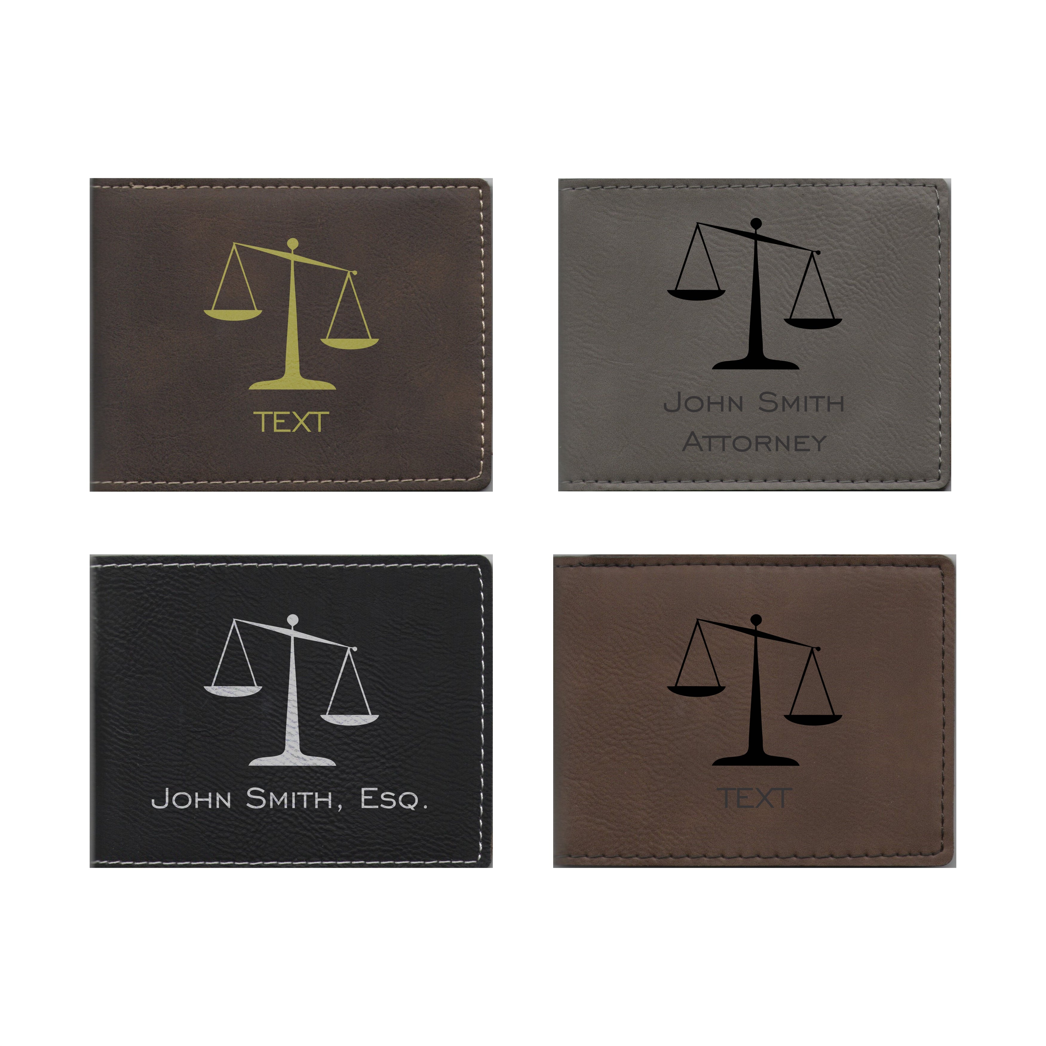 Personalized Lawyer Attorney Leatherette Bi-fold Wallet Engraved Scales of Justice with Custom Text