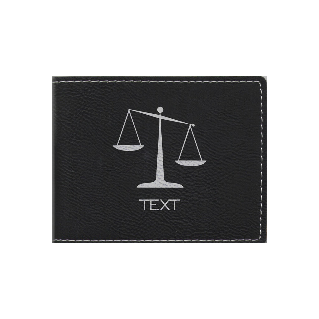 Personalized Lawyer Attorney Leatherette Bi-fold Wallet Engraved Scales of Justice with Custom Text