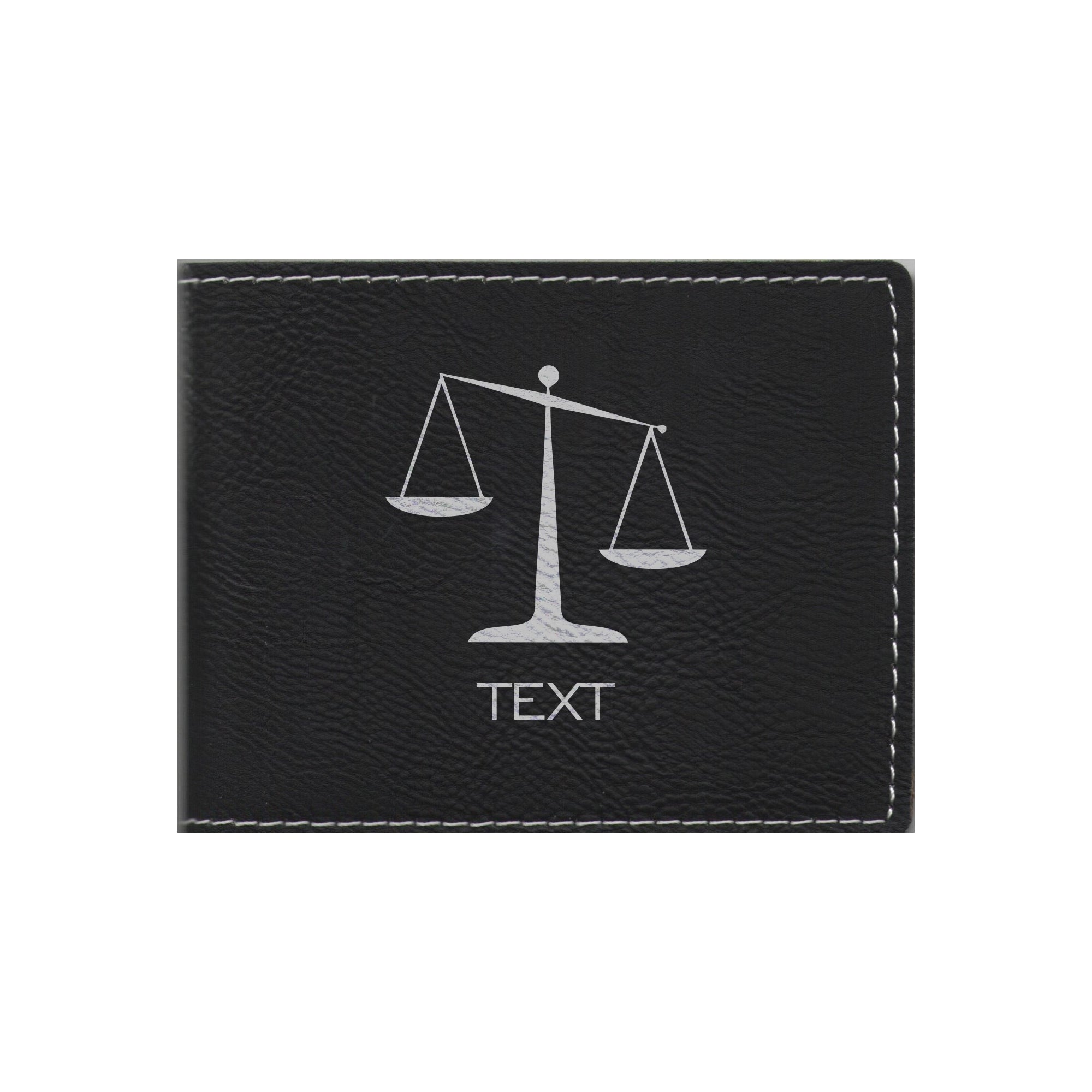 Personalized Lawyer Attorney Leatherette Bi-fold Wallet Engraved Scales of Justice with Custom Text