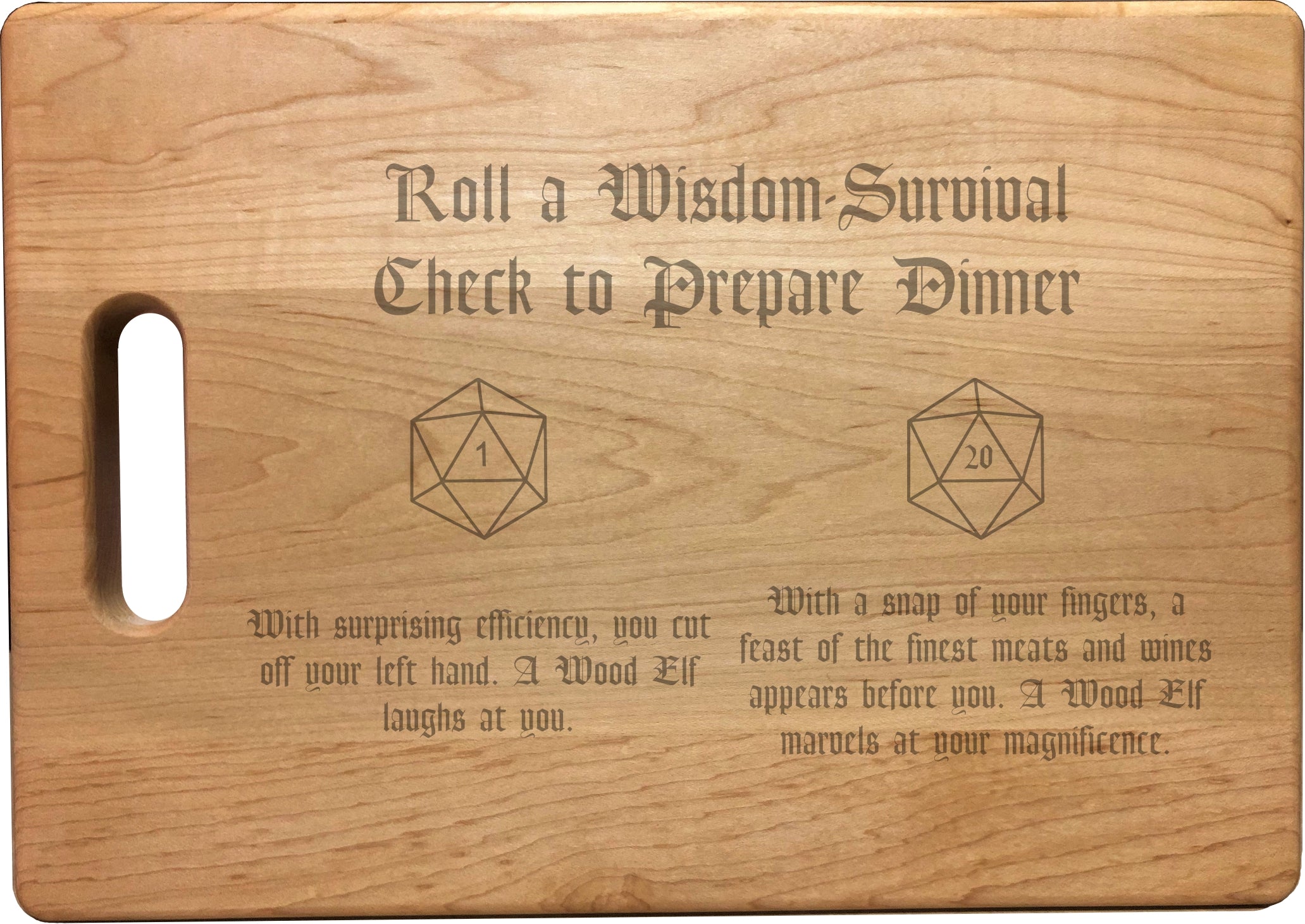 DND Wisdom Check Rolls Funny D20 Outcomes Natural Wood Cutting Boards, Bamboo or Maple, Dungeons Dragons Gifts