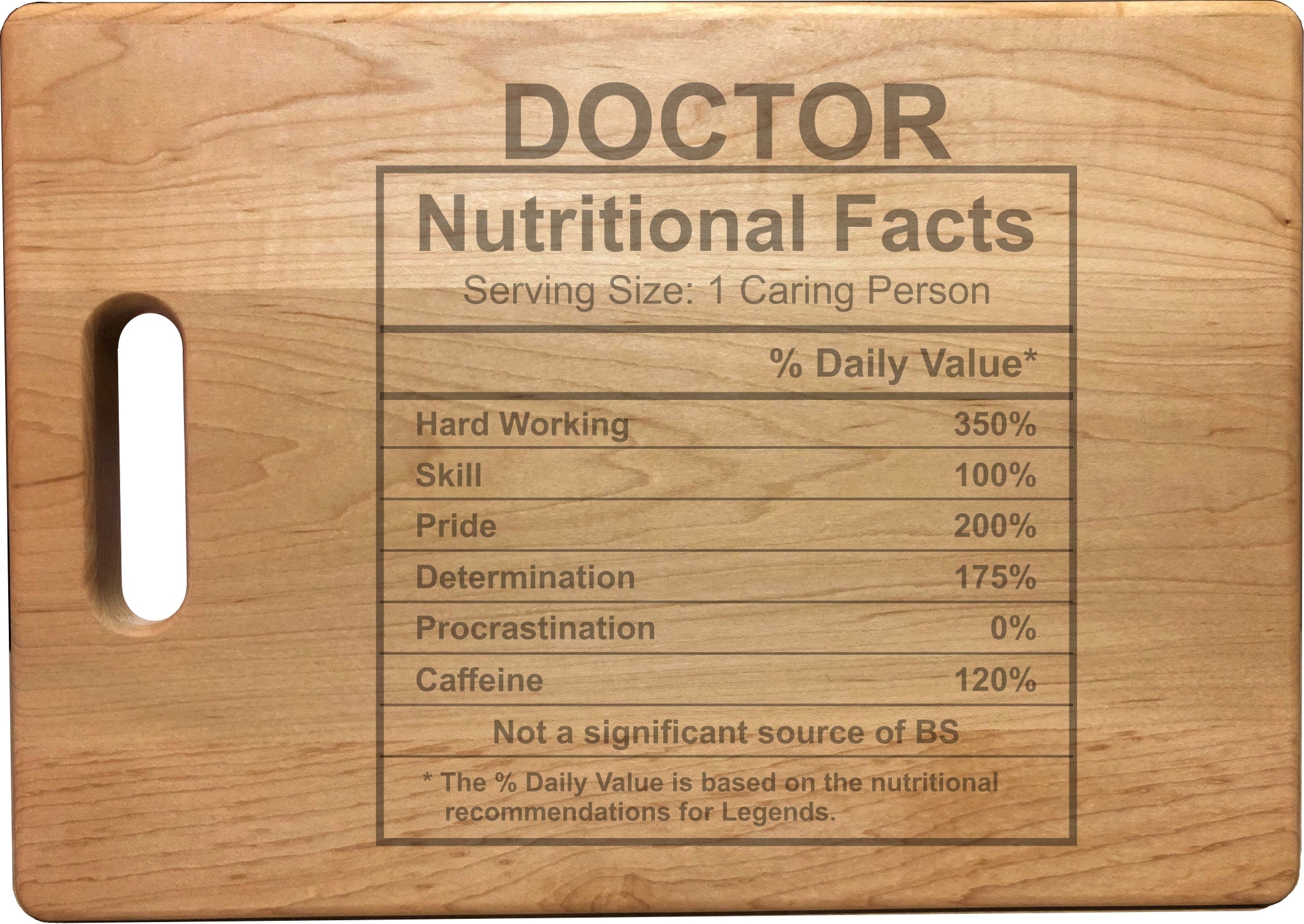 Doctor Nutritional Facts Engraved Natural Wood Cutting Boards, Bamboo or Maple, Funny Cooking Gift