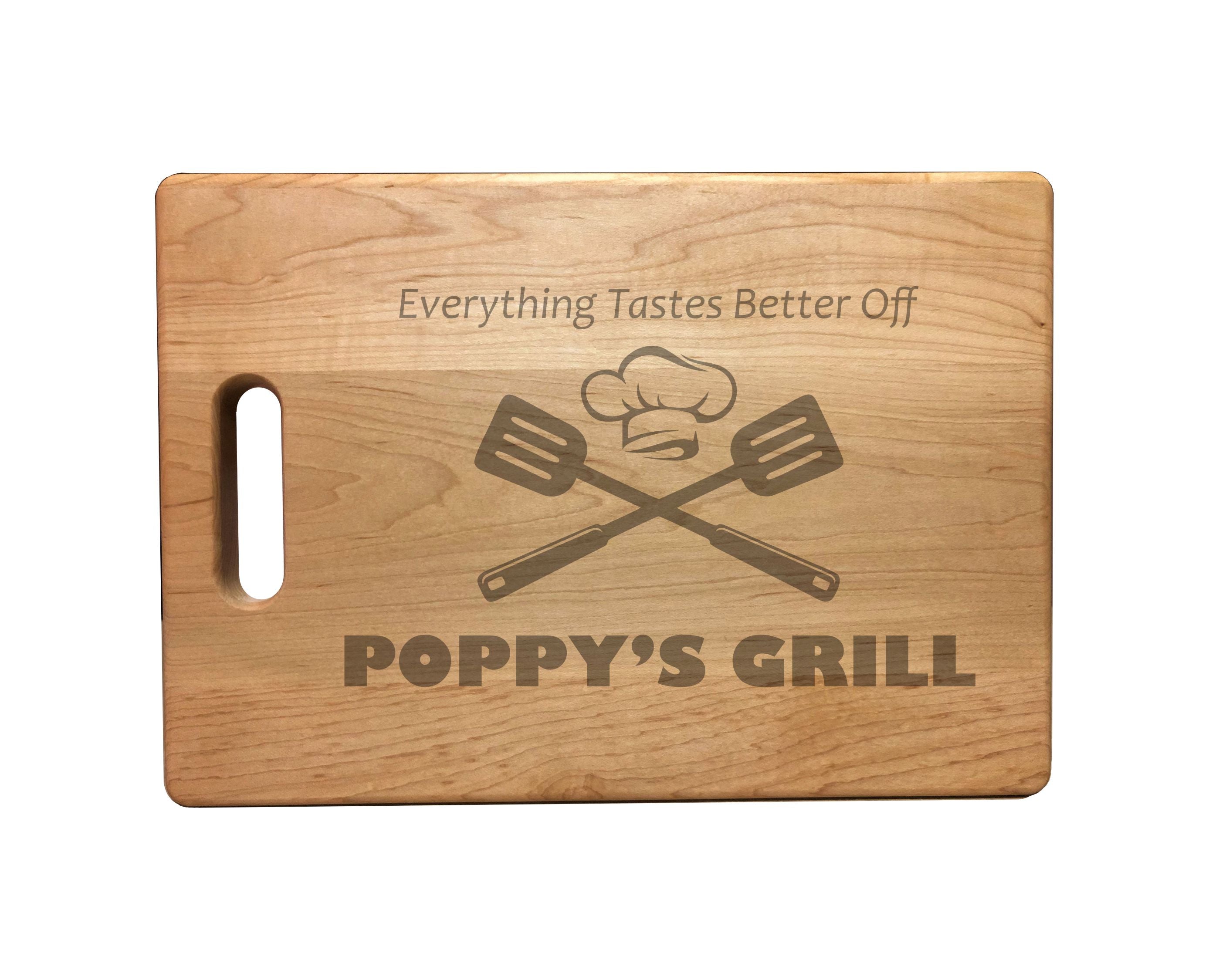 Poppy's Grill Engraved Natural Wood Cutting Boards, Bamboo or Maple, Grilling BBQ Gift