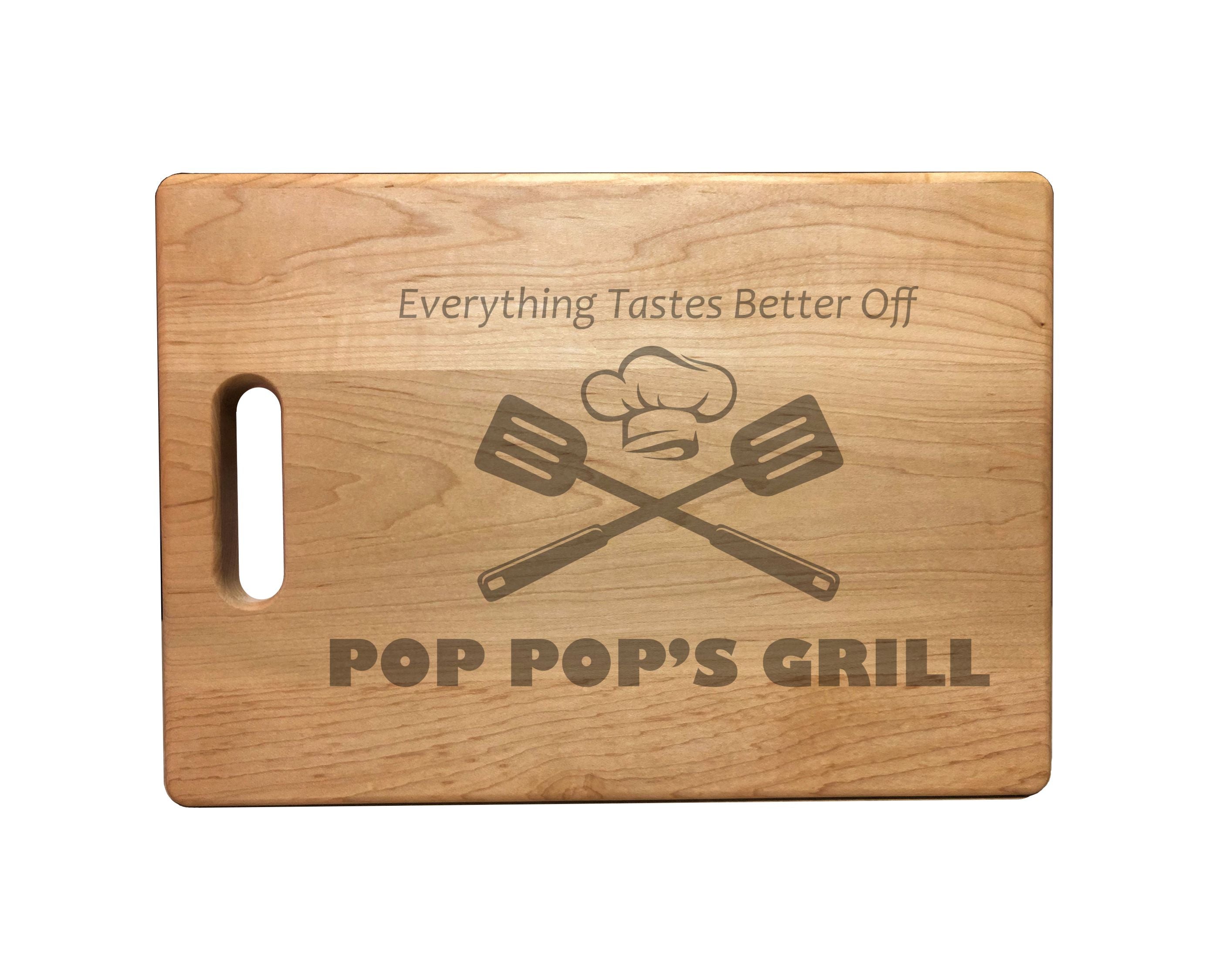 Pop Pop's Grill Engraved Natural Wood Cutting Boards, Bamboo or Maple, Grilling BBQ Gift