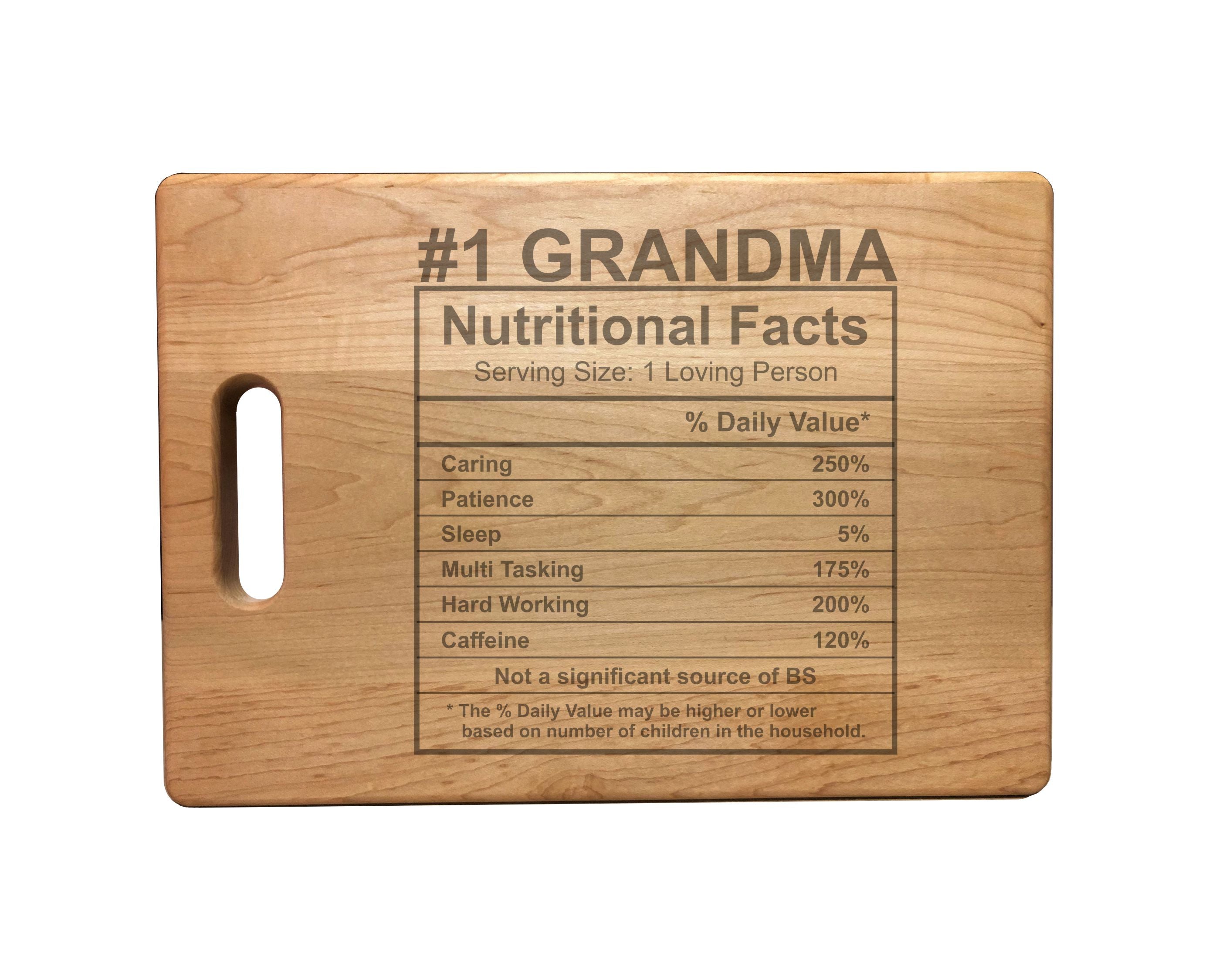 Number 1 Grandma Nutritional Facts Engraved Natural Wood Cutting Boards, Bamboo or Maple, Grandma Gift