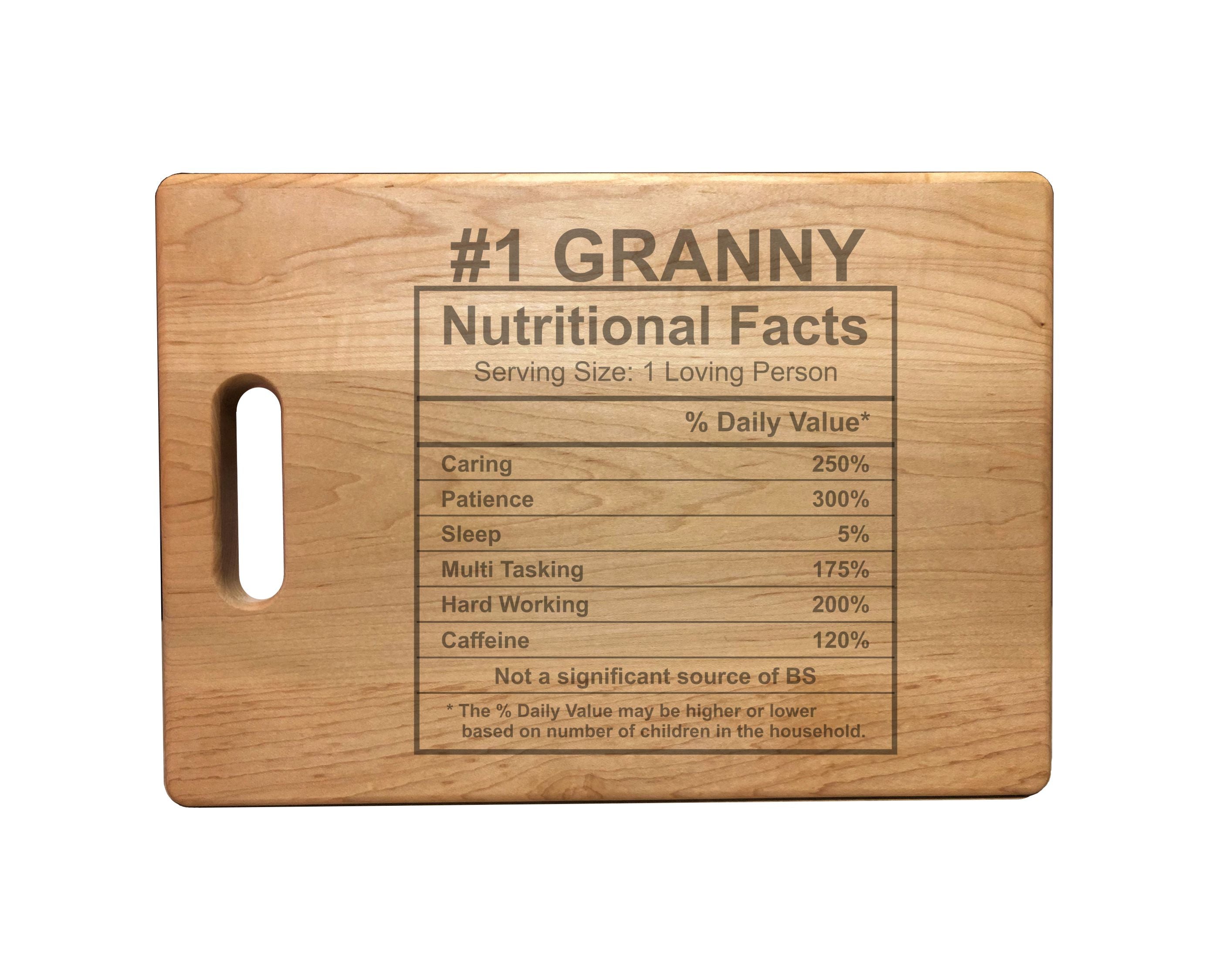 Number 1 Granny Nutritional Facts Engraved Natural Wood Cutting Boards, Bamboo or Maple, Granny Gift