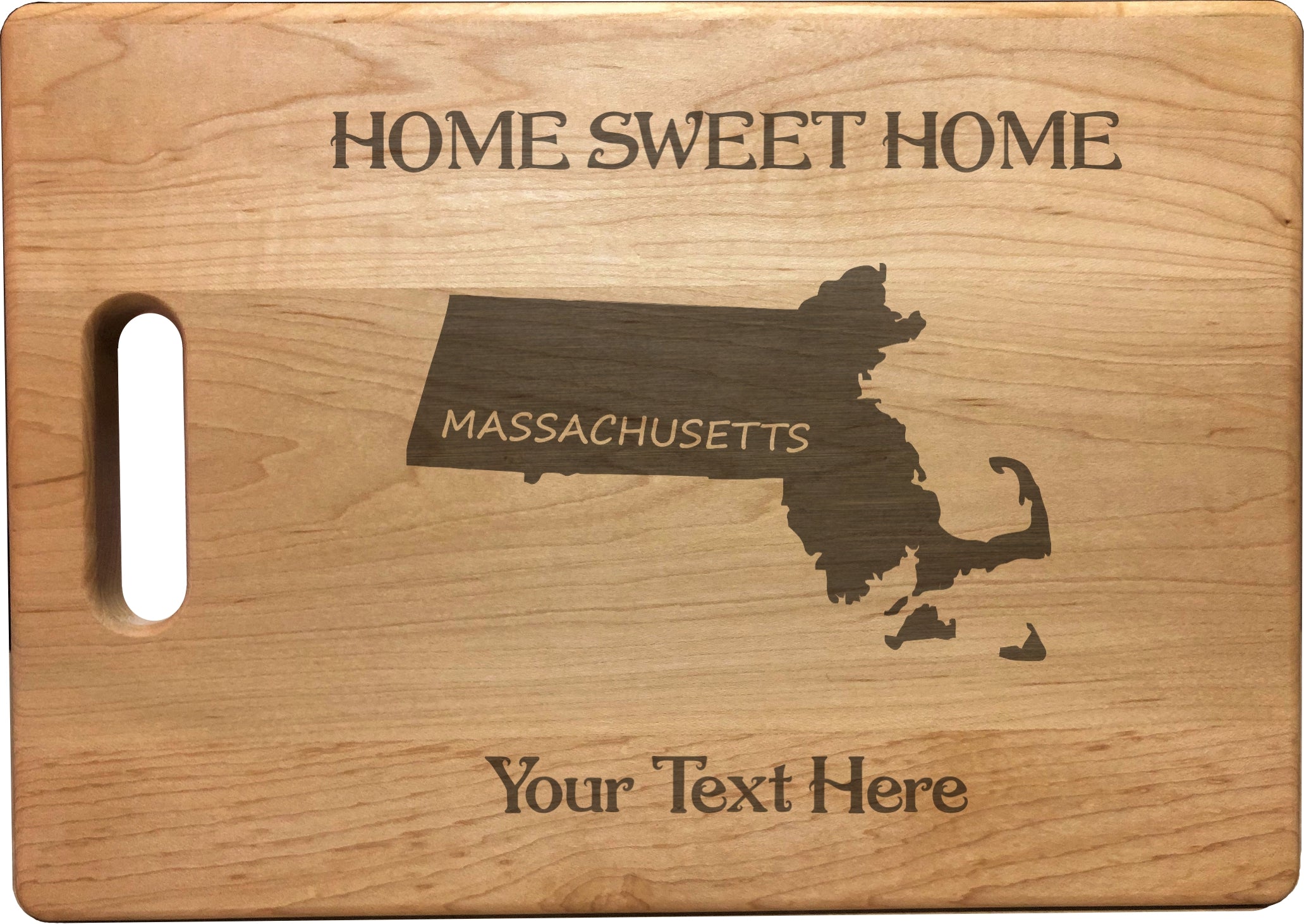 Personalized Massachusetts Engraved Natural Wood Cutting Board, Home Sweet Home with Custom Text, Engraved Bamboo or Maple, Housewarming Gift