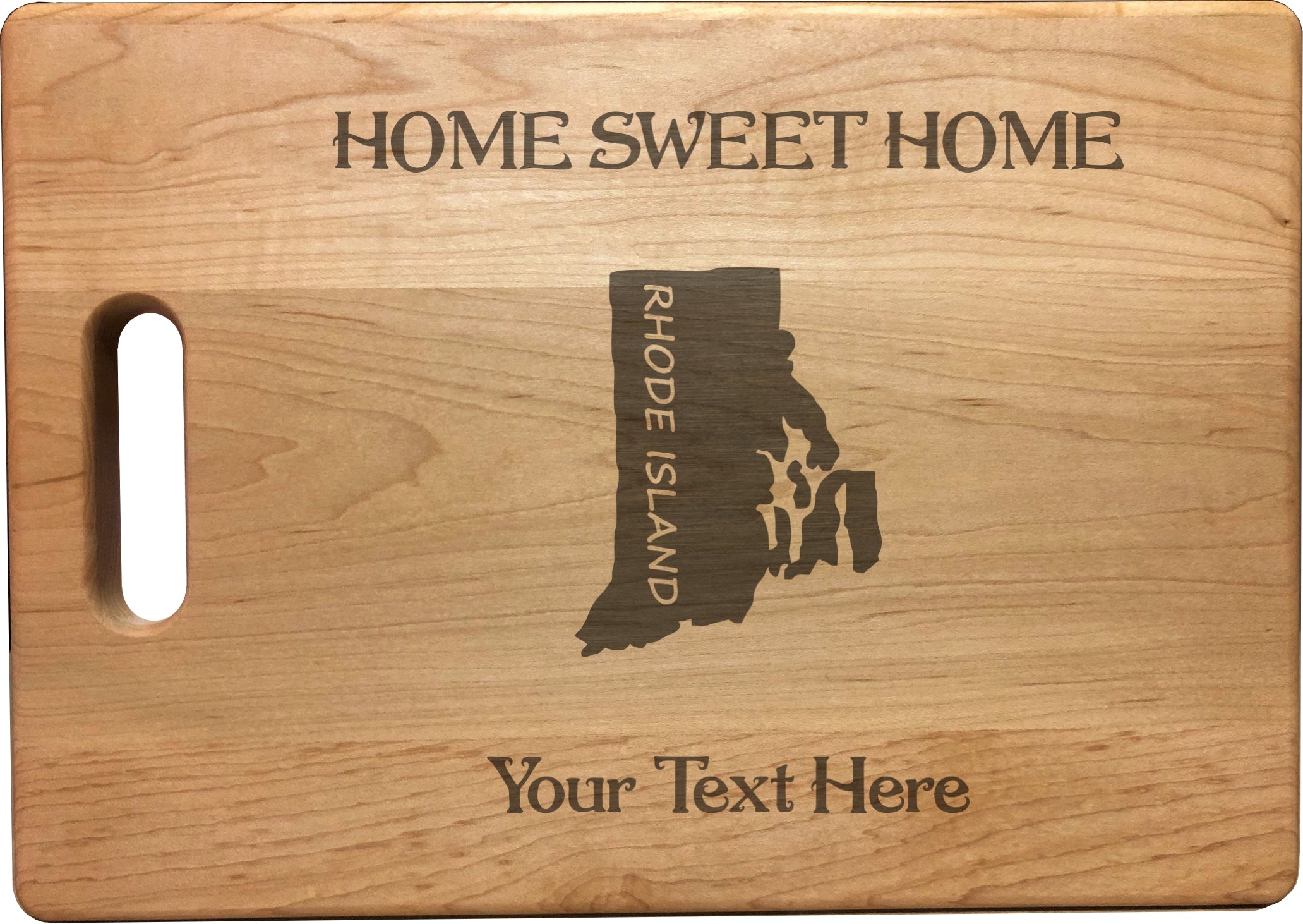 Personalized Rhode Island Engraved Natural Wood Cutting Board, Home Sweet Home with Custom Text, Engraved Bamboo or Maple, Housewarming Gift
