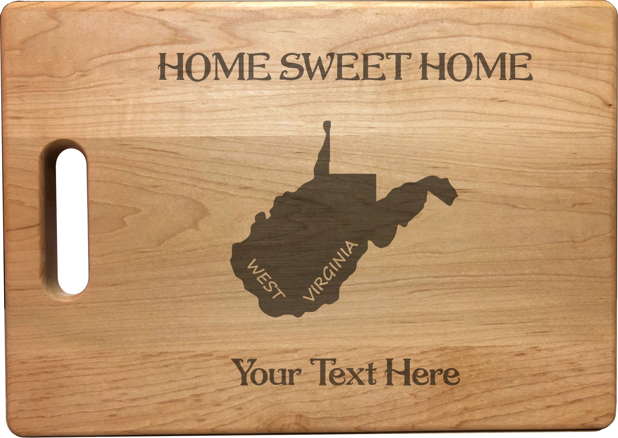 Personalized West Virginia Engraved Natural Wood Cutting Board, Home Sweet Home with Custom Text, Engraved Bamboo or Maple, Housewarming Gift