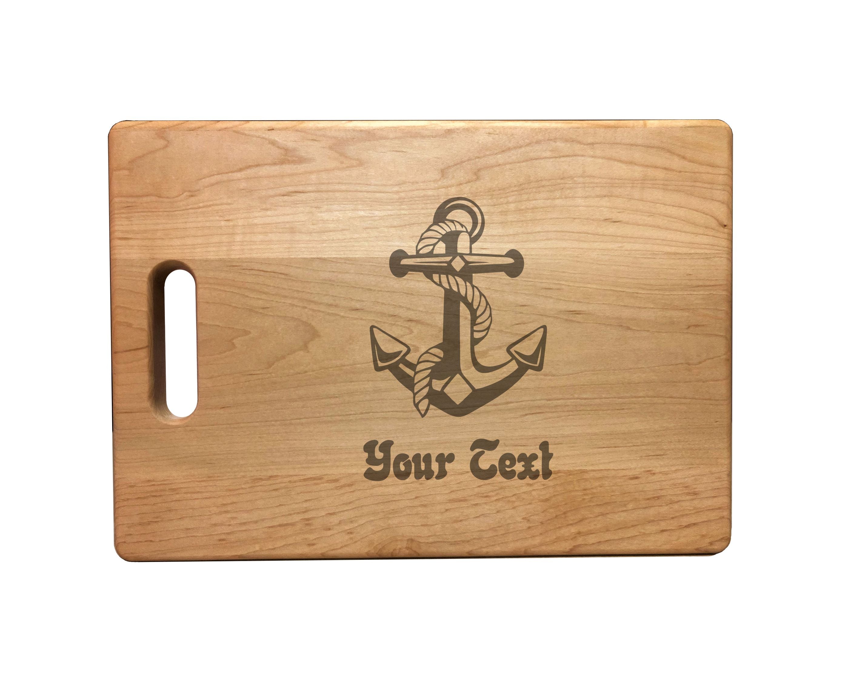 Personalized Nautical Anchor With Boat Name Engraved Natural Wood Cutting Board, Bamboo or Maple, Boating Gift