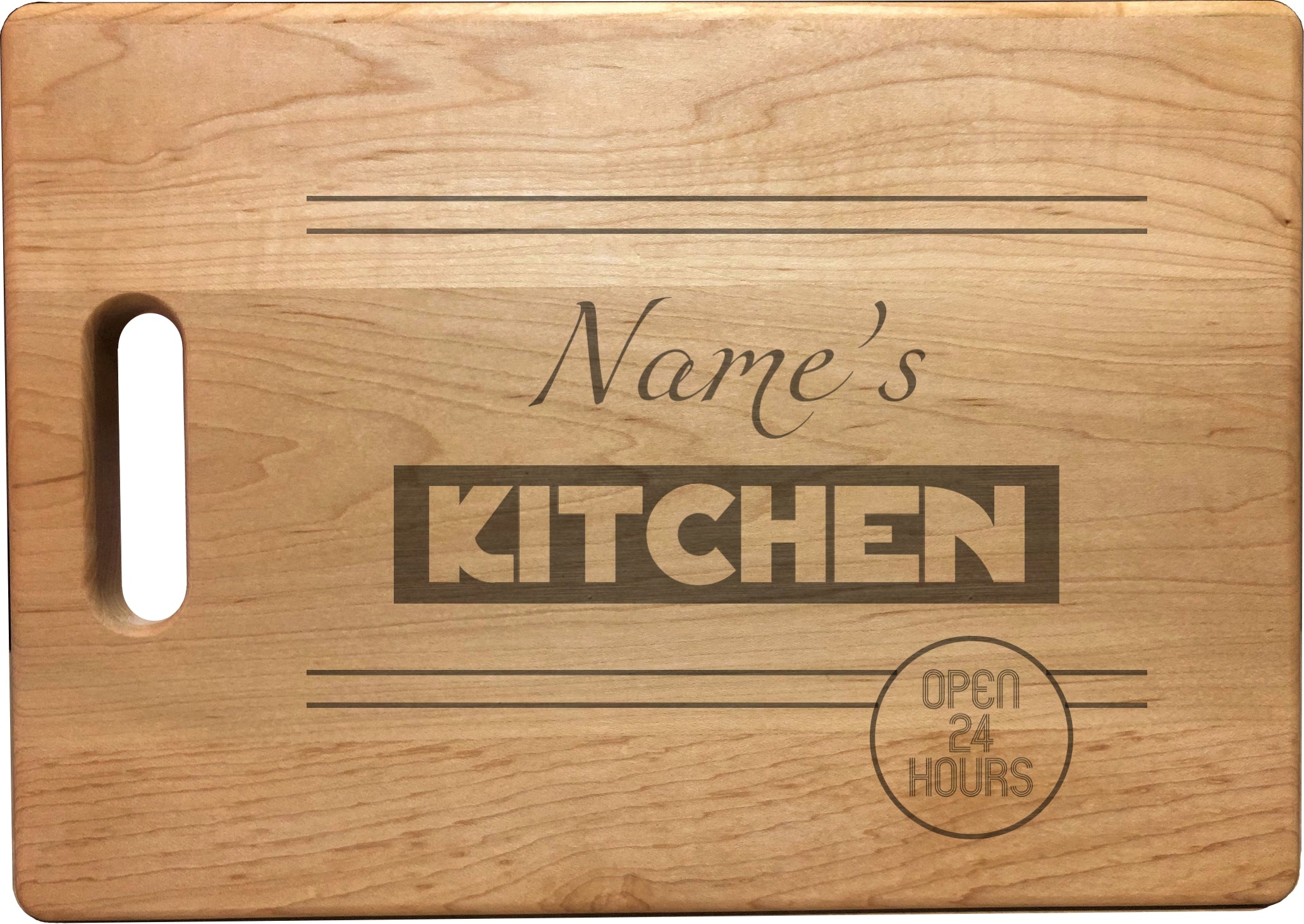 Personalized Kitchen Open 24 Hours Engraved Natural Wood Cutting Board, Bamboo or Maple, Custom Gift