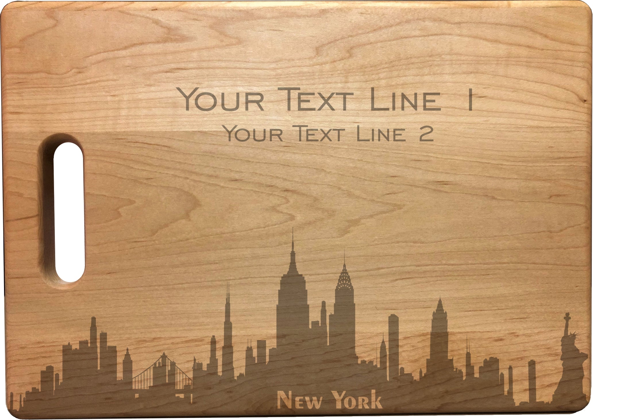 Personalized New York Skyline Natural Wood Cutting Boards with Custom Text, Engraved Bamboo or Maple, Wedding Gift