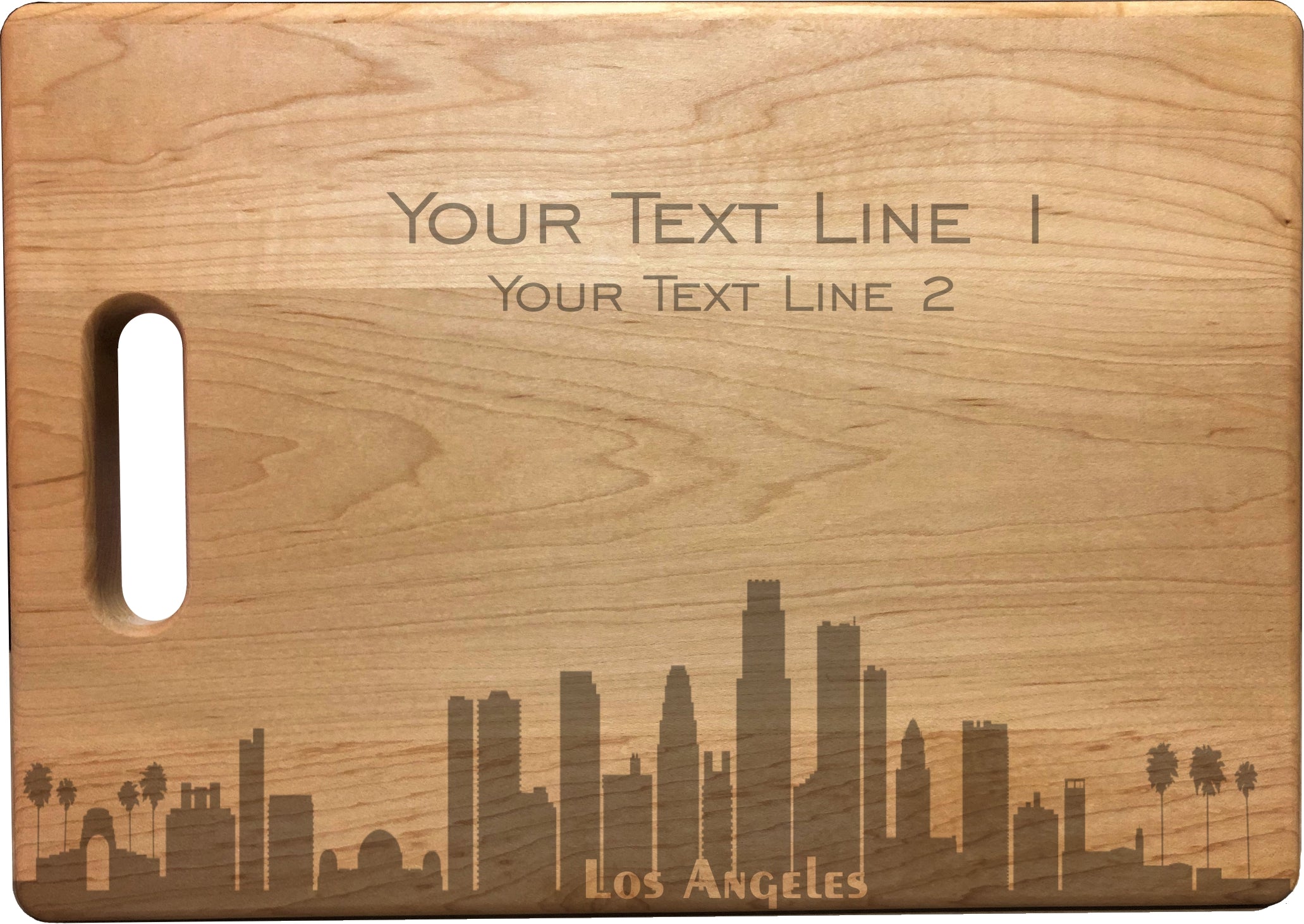 Personalized Los Angeles Skyline Natural Wood Cutting Boards with Custom Text, Engraved Bamboo or Maple, Wedding Gift