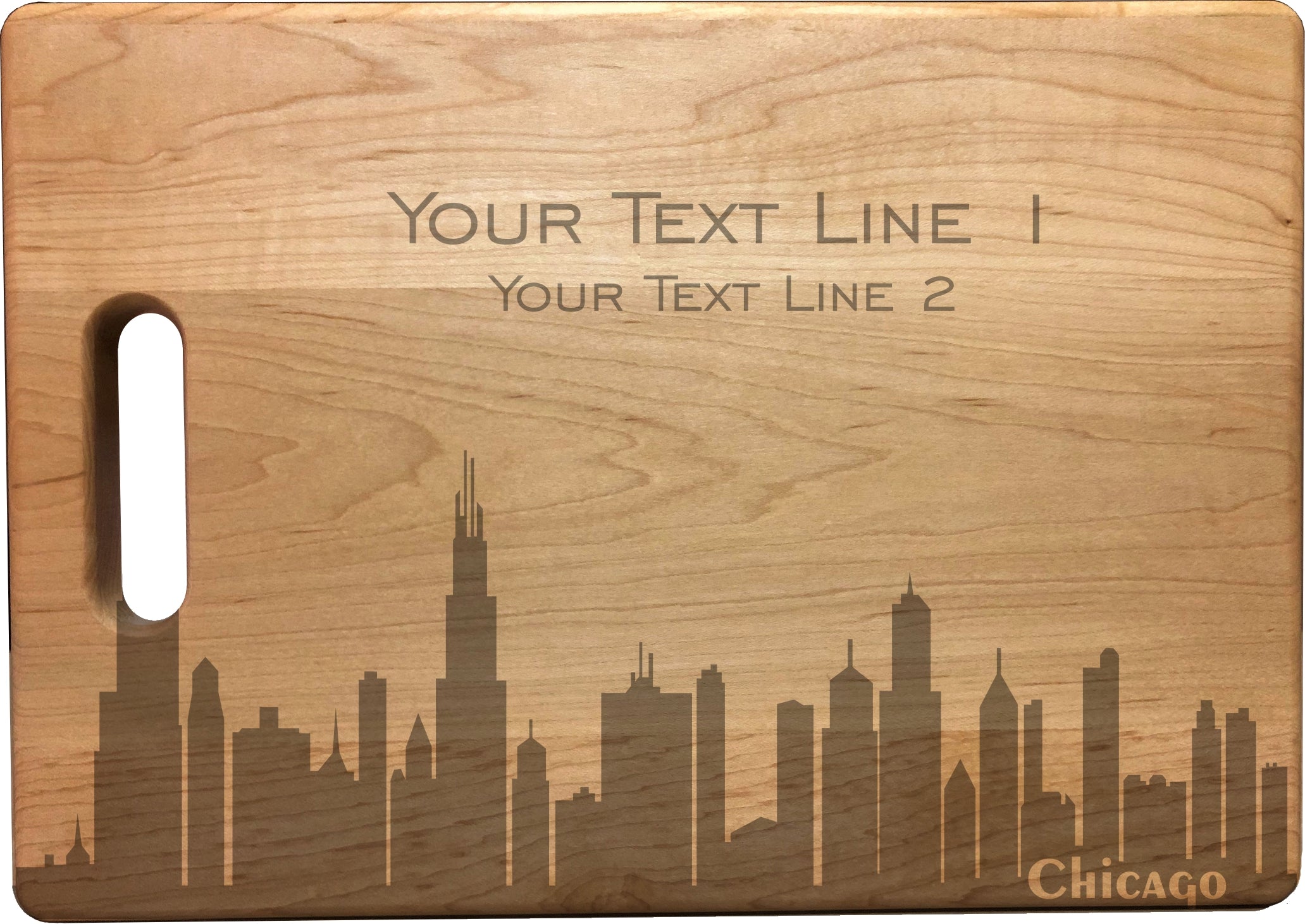 Personalized Chicago Skyline Natural Wood Cutting Boards with Custom Text, Engraved Bamboo or Maple, Wedding Gift