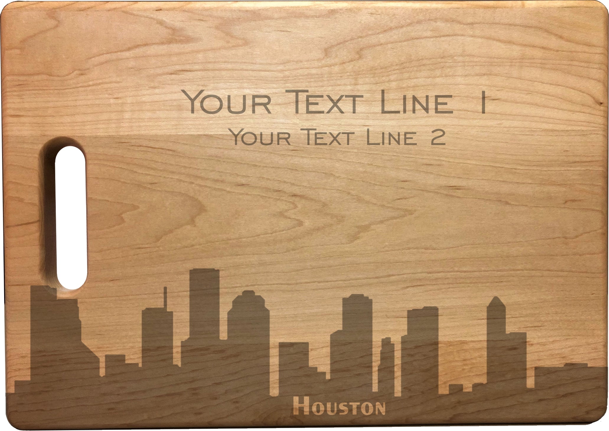 Personalized Houston Skyline Natural Wood Cutting Boards with Custom Text, Engraved Bamboo or Maple, Wedding Gift