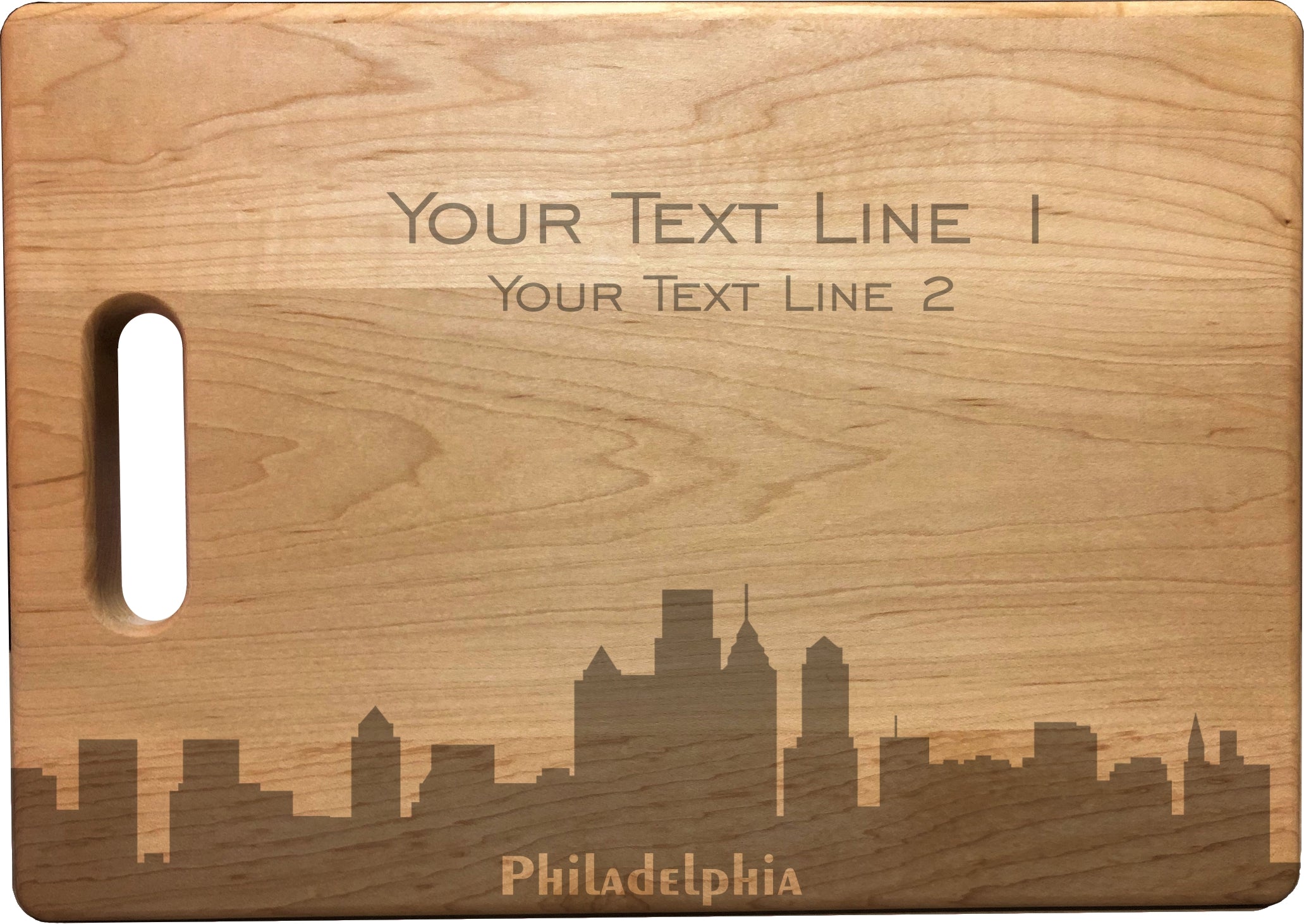 Personalized Philadelphia Skyline Natural Wood Cutting Boards with Custom Text, Engraved Bamboo or Maple, Wedding Gift