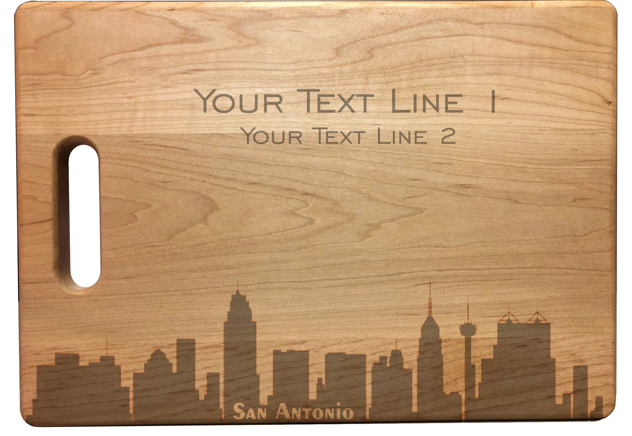Personalized San Antonio Skyline Natural Wood Cutting Boards with Custom Text, Engraved Bamboo or Maple, Wedding Gift