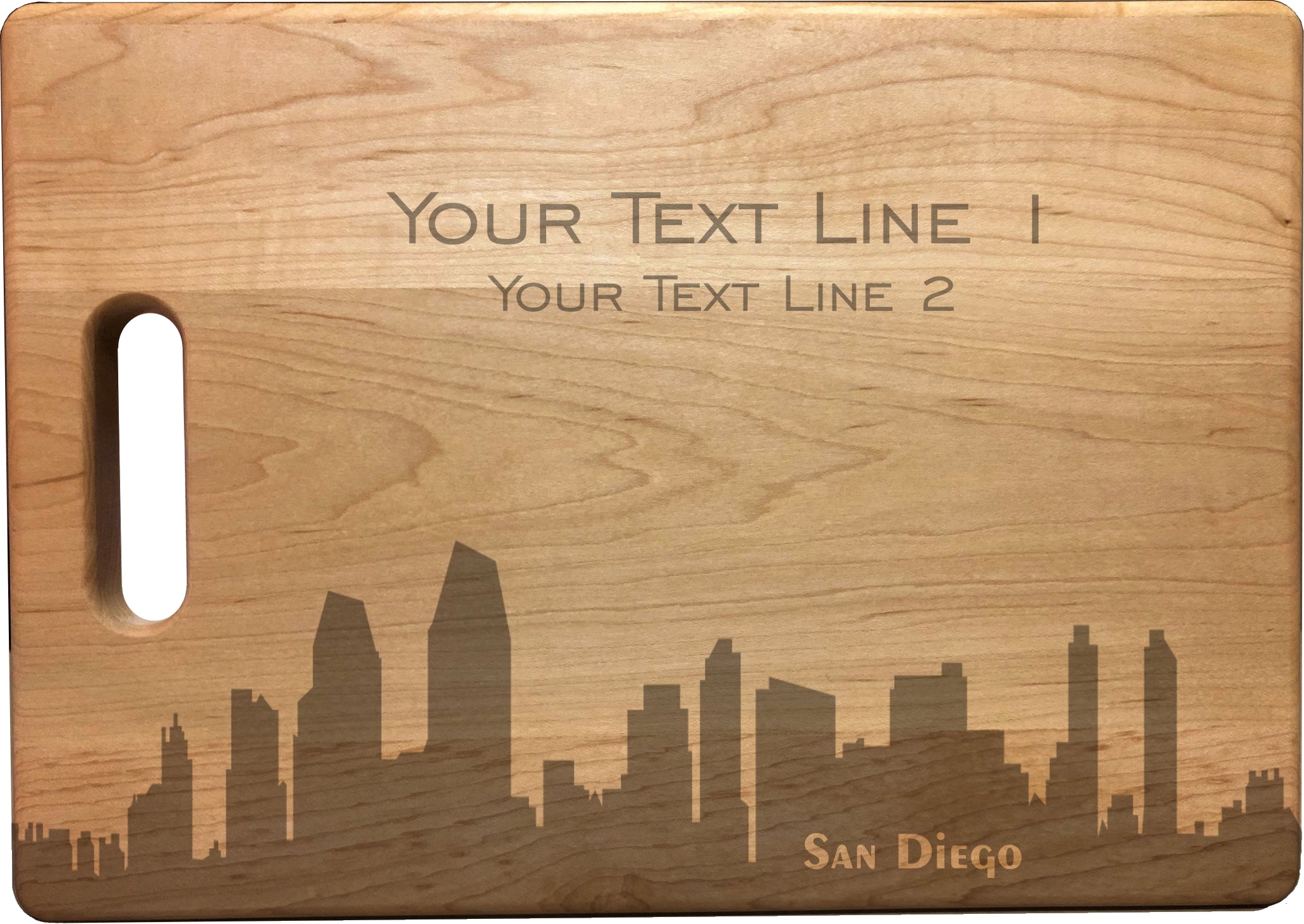 Personalized San Diego Skyline Natural Wood Cutting Boards with Custom Text, Engraved Bamboo or Maple, Wedding Gift