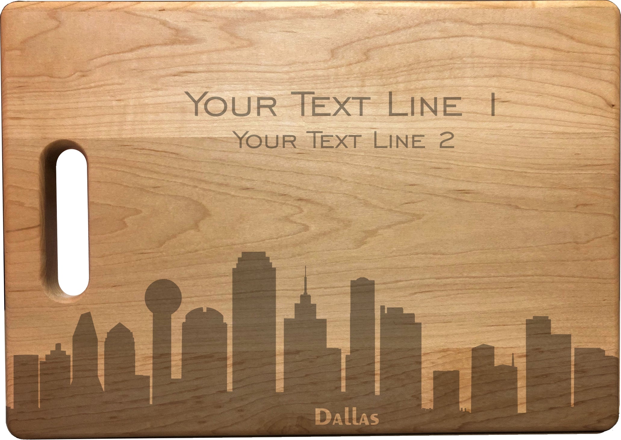 Personalized Dallas Skyline Natural Wood Cutting Boards with Custom Text, Engraved Bamboo or Maple, Wedding Gift