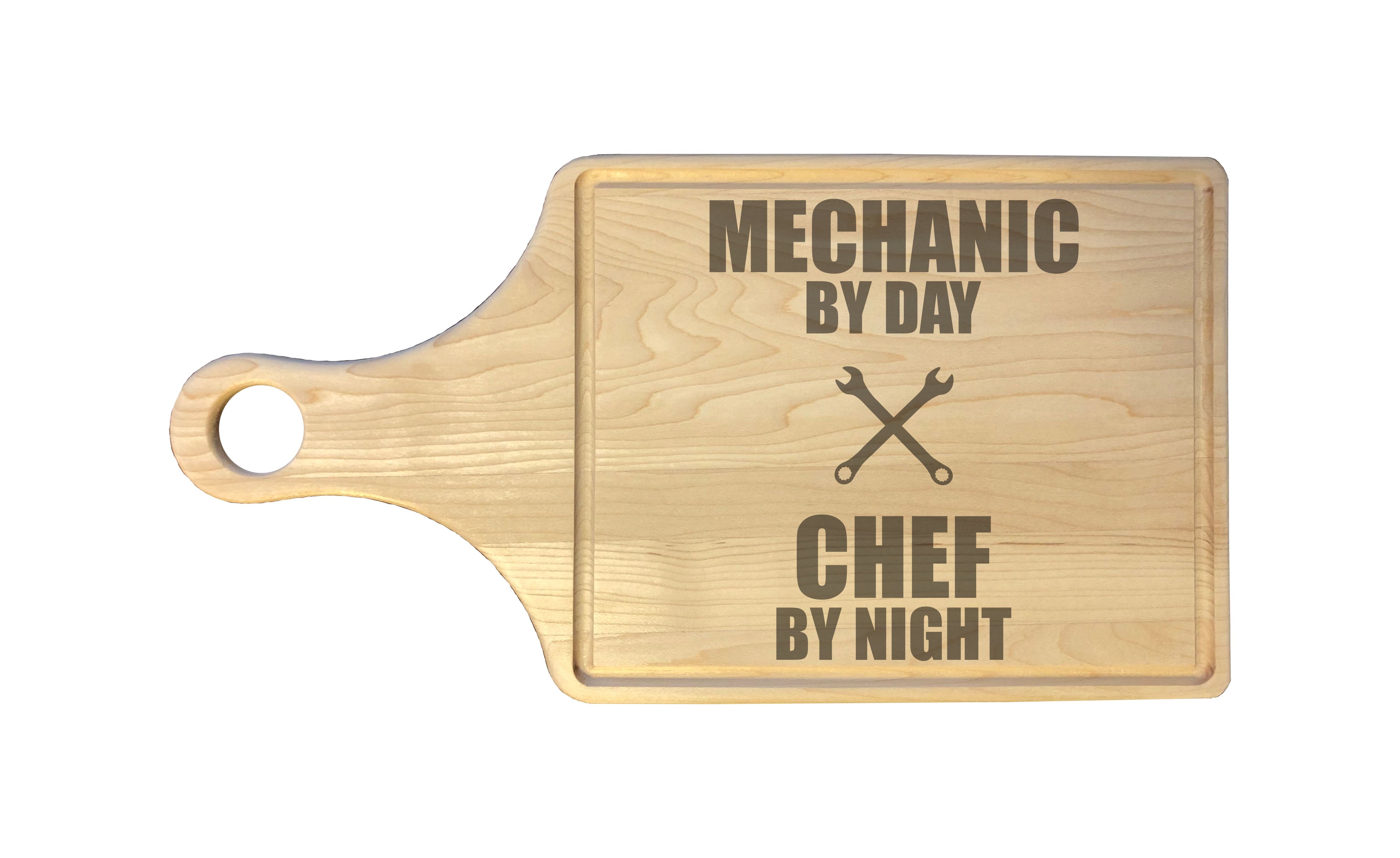 Mechanic by Day Chef by Night Engraved Natural Wood Cutting Boards, Bamboo or Maple, Mechanic Gifts