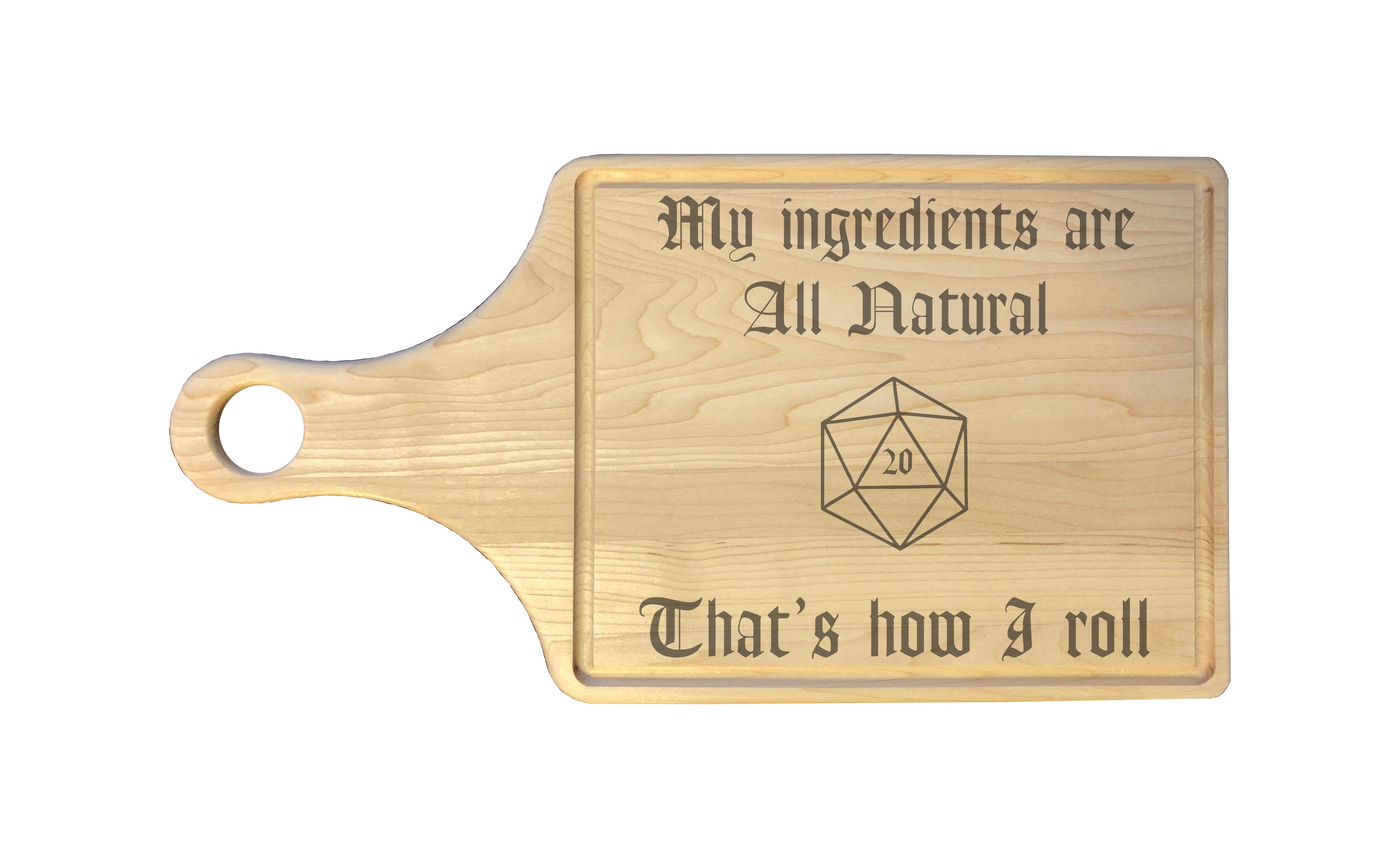 DND Ingredients are All Natural D20 Engraved Natural Wood Cutting Boards, Bamboo or Maple, Funny Dungeons Dragons Gifts