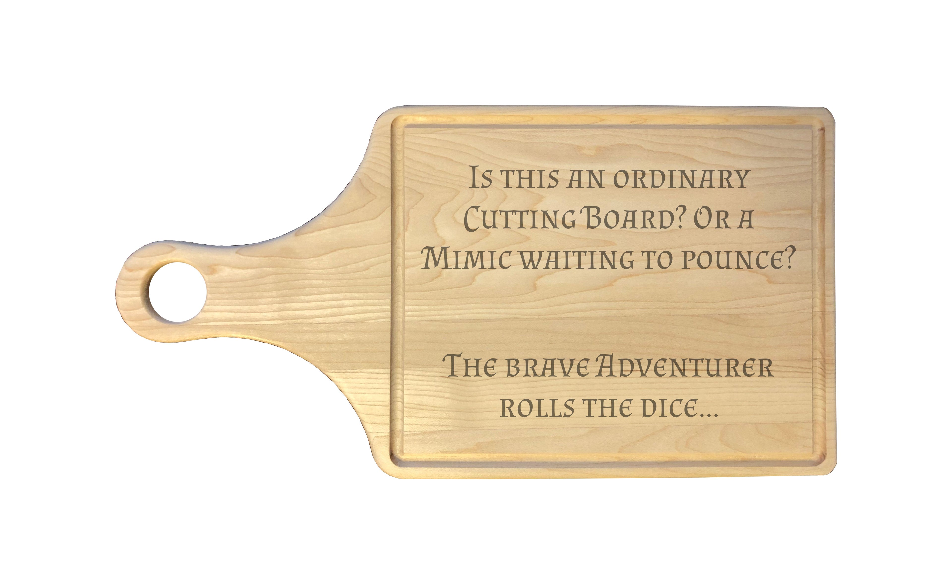 DND Mimic Waiting to Pounce Engraved Natural Wood Cutting Boards, Bamboo or Maple, Dungeons Dragons Gifts