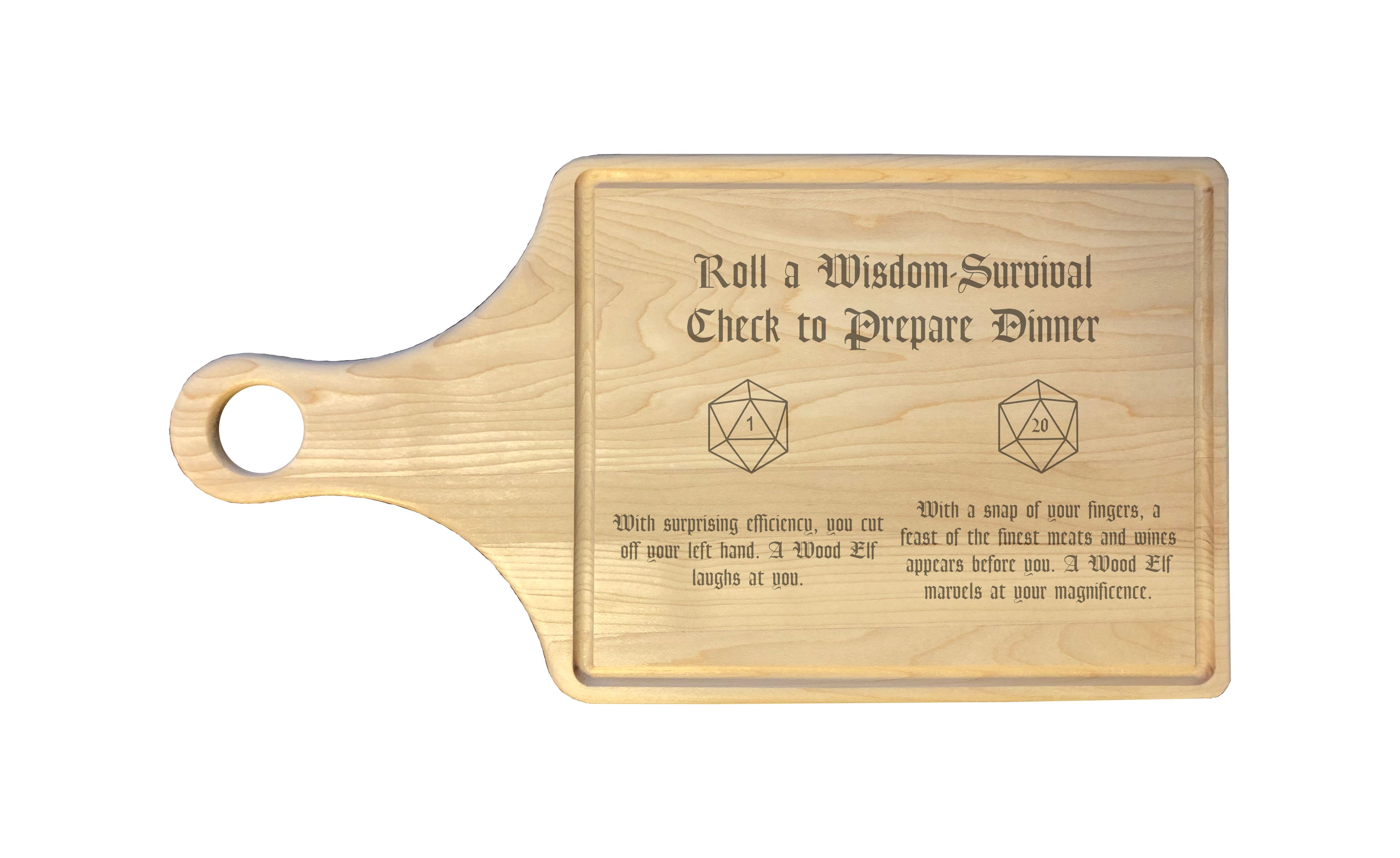 DND Wisdom Check Rolls Funny D20 Outcomes Natural Wood Cutting Boards, Bamboo or Maple, Dungeons Dragons Gifts