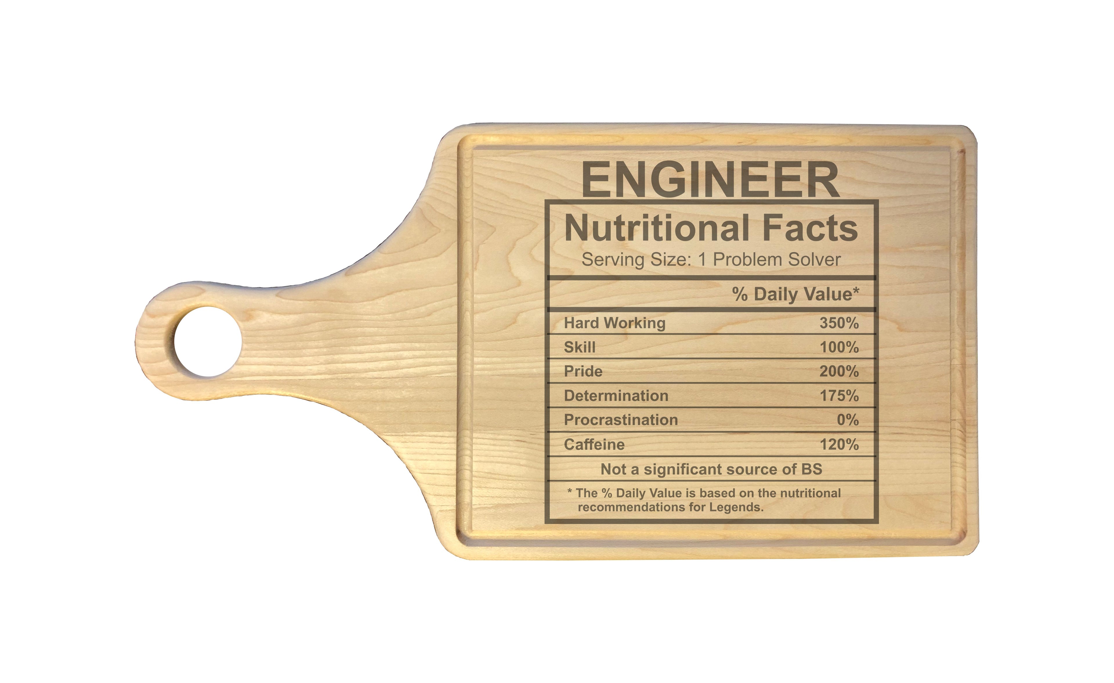 Engineer Nutritional Facts Engraved Natural Wood Cutting Boards, Bamboo or Maple, Funny Cooking Gift