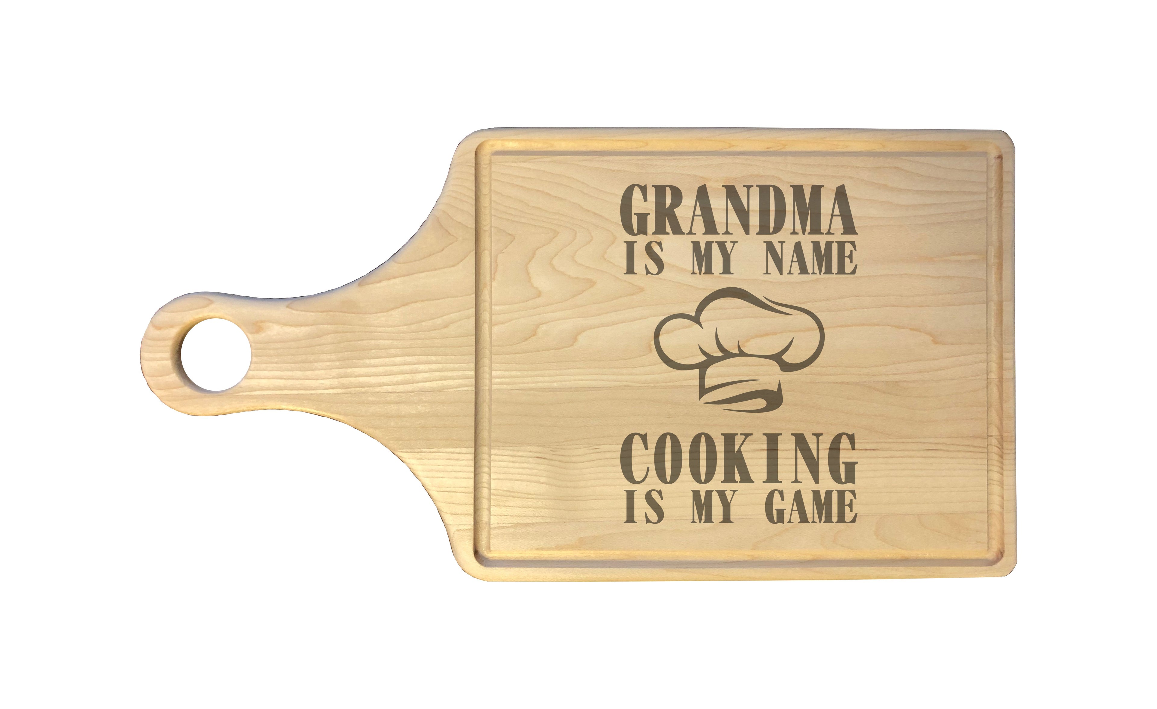 Grandma My Name Cooking My Game Engraved Natural Wood Cutting Boards, Bamboo or Maple, Grandma Gift