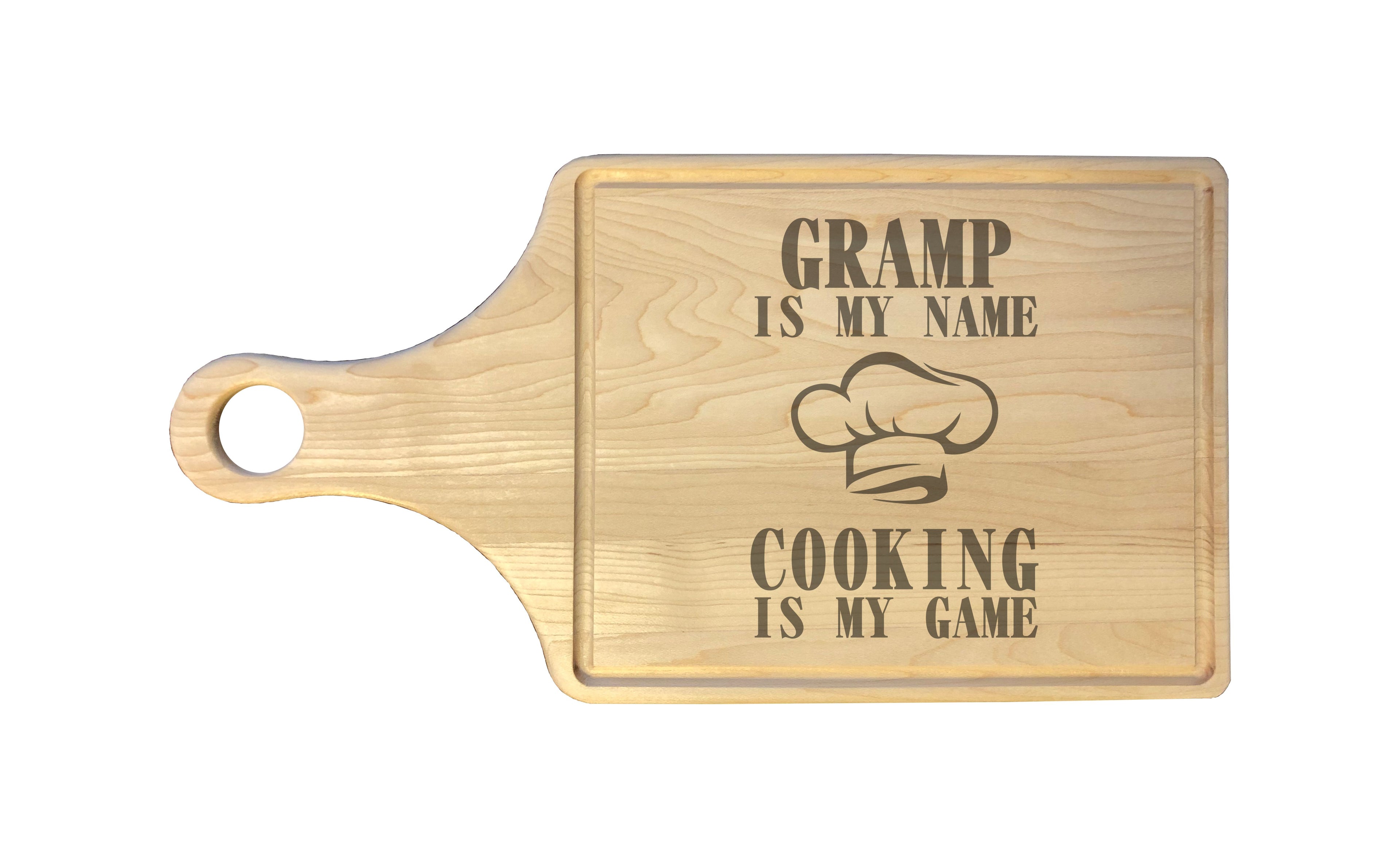 Gramp My Name Cooking My Game Engraved Natural Wood Cutting Boards, Bamboo or Maple, Gramp Gift