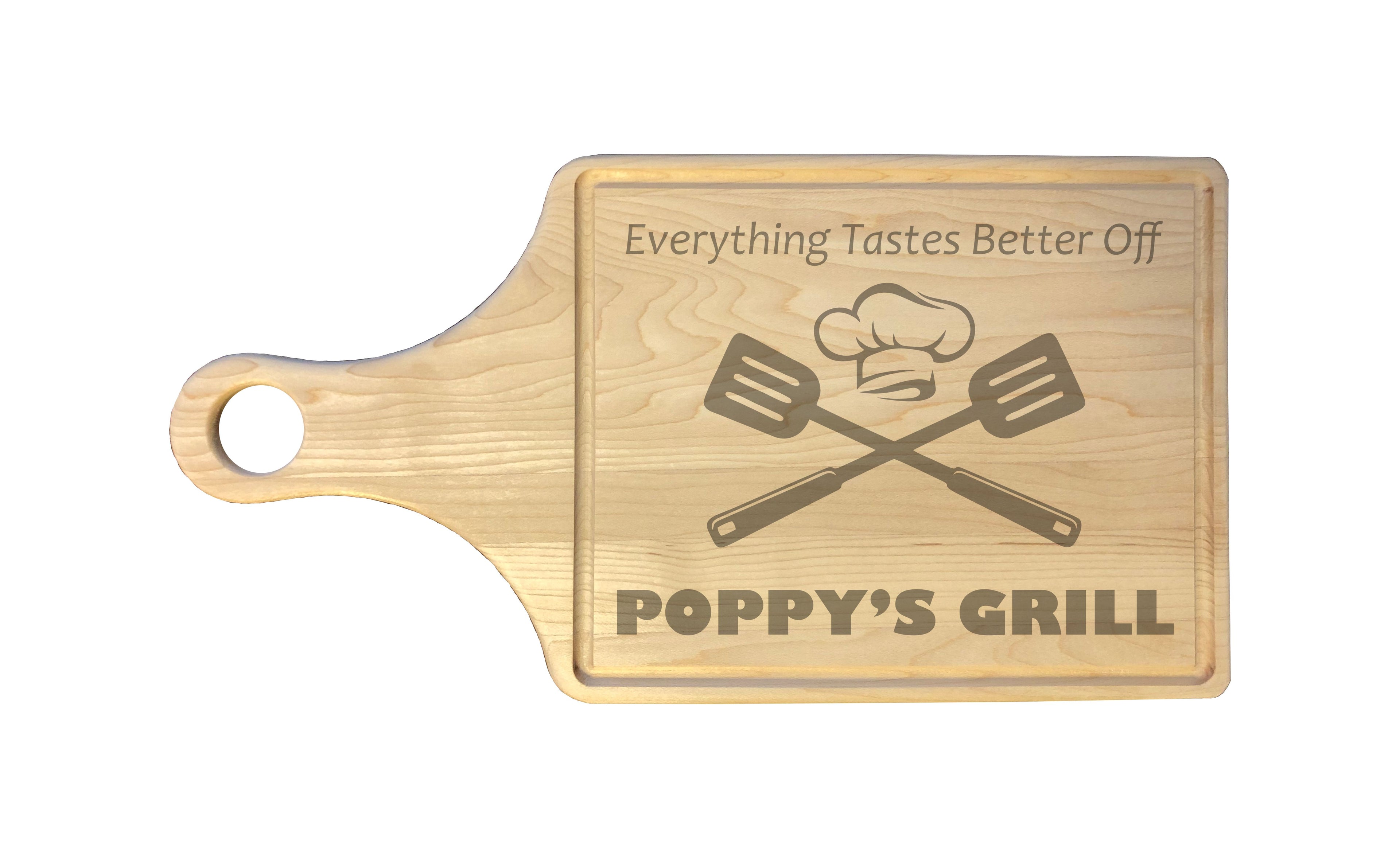 Poppy's Grill Engraved Natural Wood Cutting Boards, Bamboo or Maple, Grilling BBQ Gift