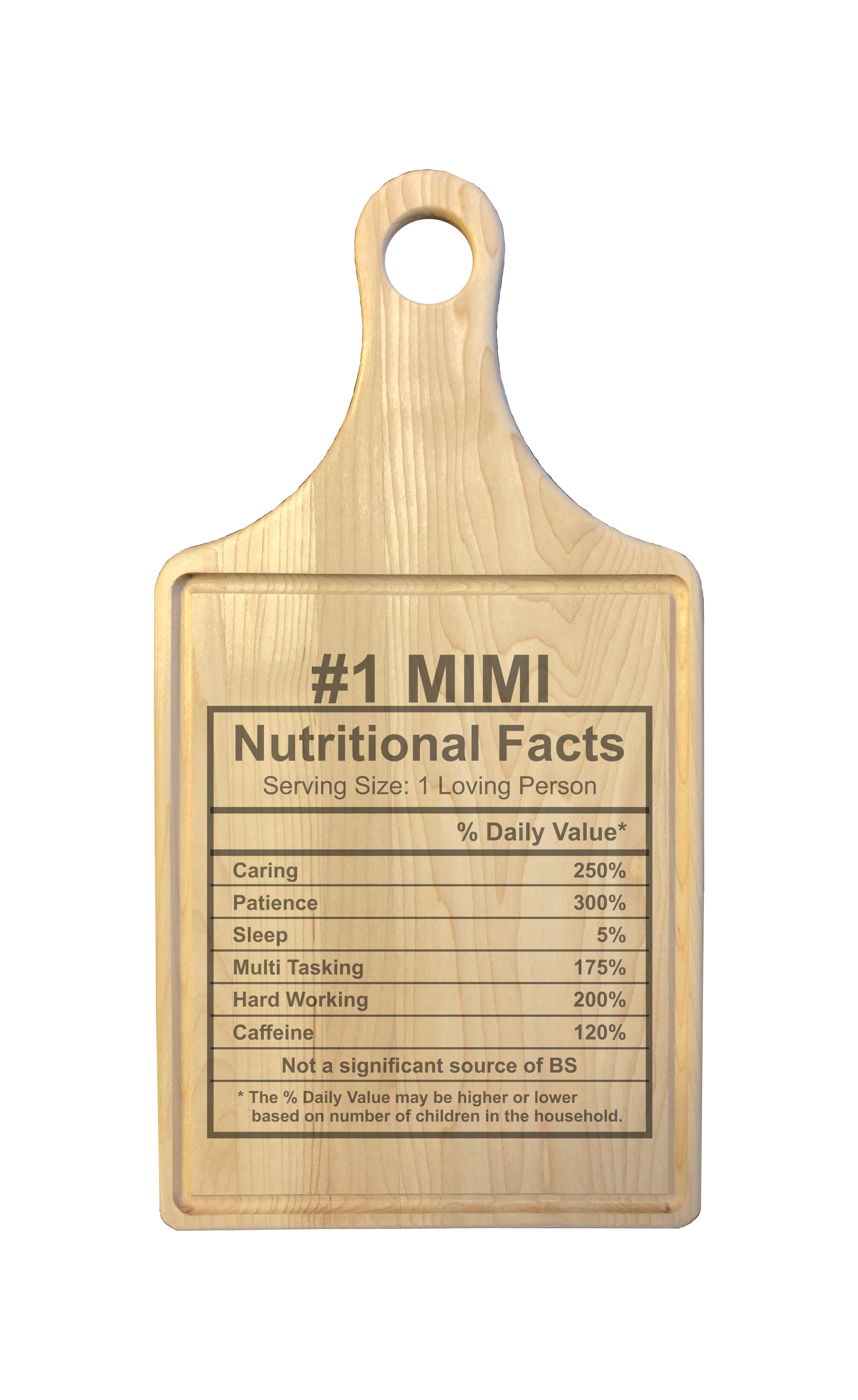 Number 1 Mimi Nutritional Facts Engraved Natural Wood Cutting Boards, Bamboo or Maple, Mimi Gift