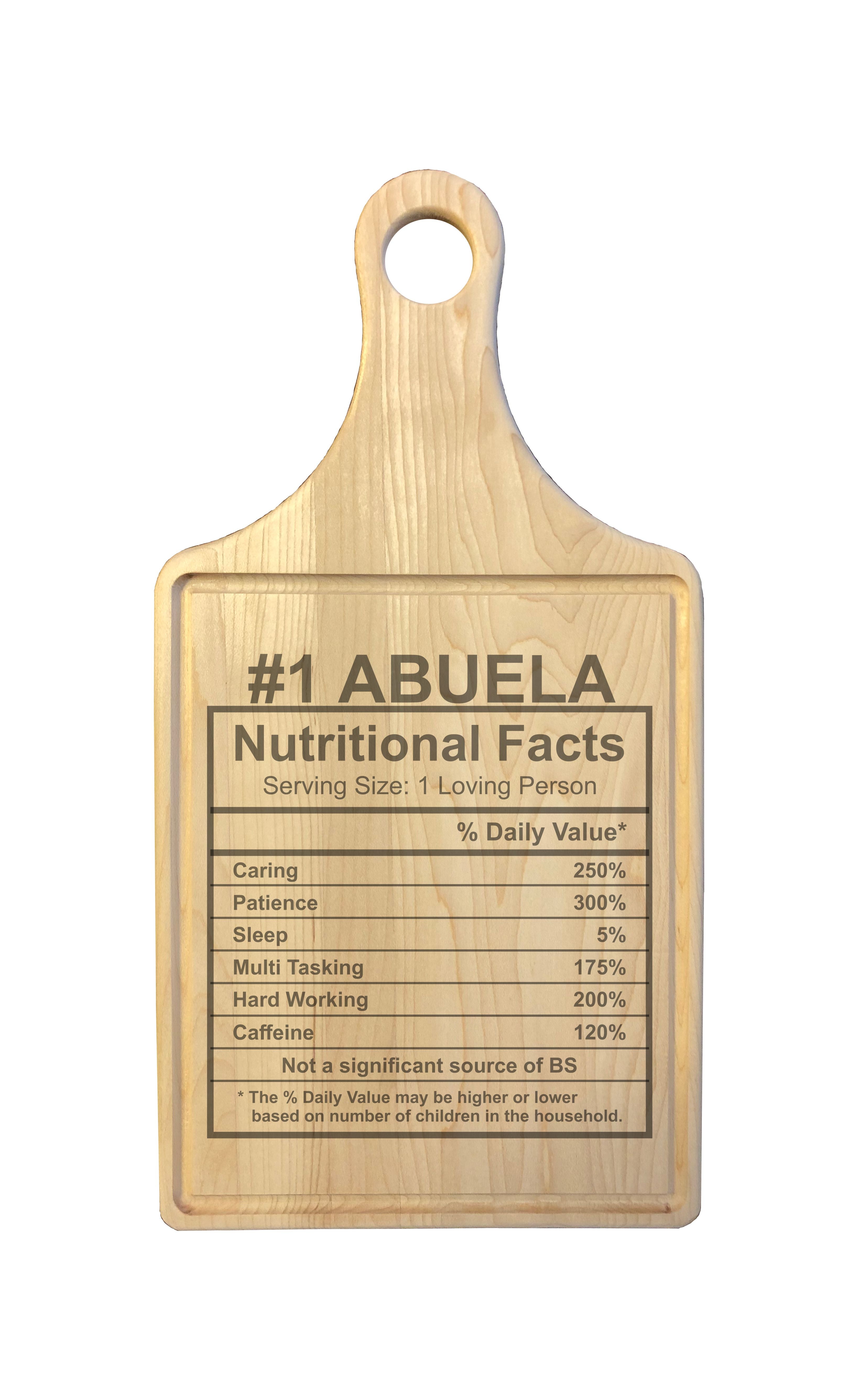 Number 1 Abuela Nutritional Facts Engraved Natural Wood Cutting Boards, Bamboo or Maple, Abuela Gift