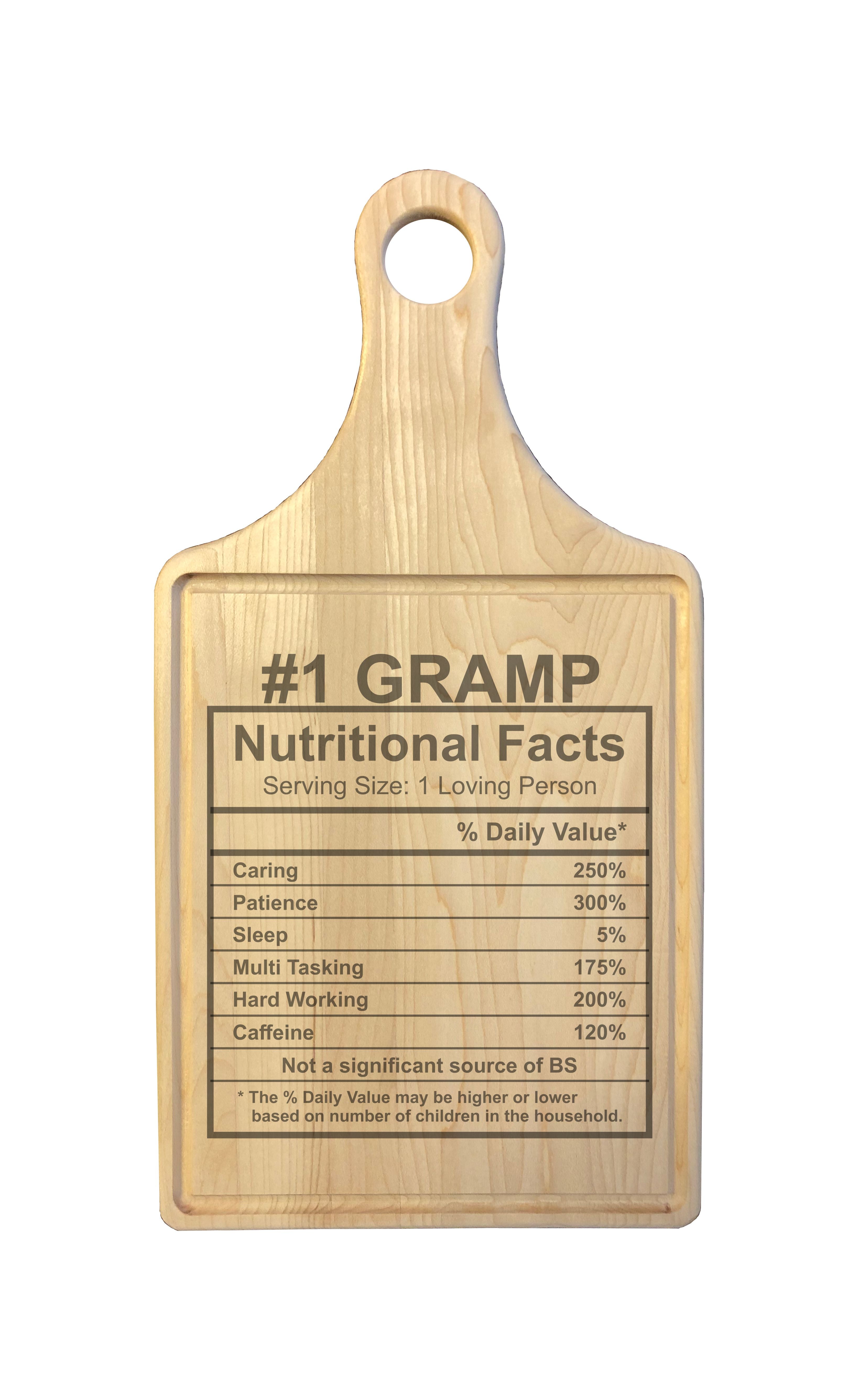 Number 1 Gramp Nutritional Facts Engraved Natural Wood Cutting Boards, Bamboo or Maple, Gramp Gift