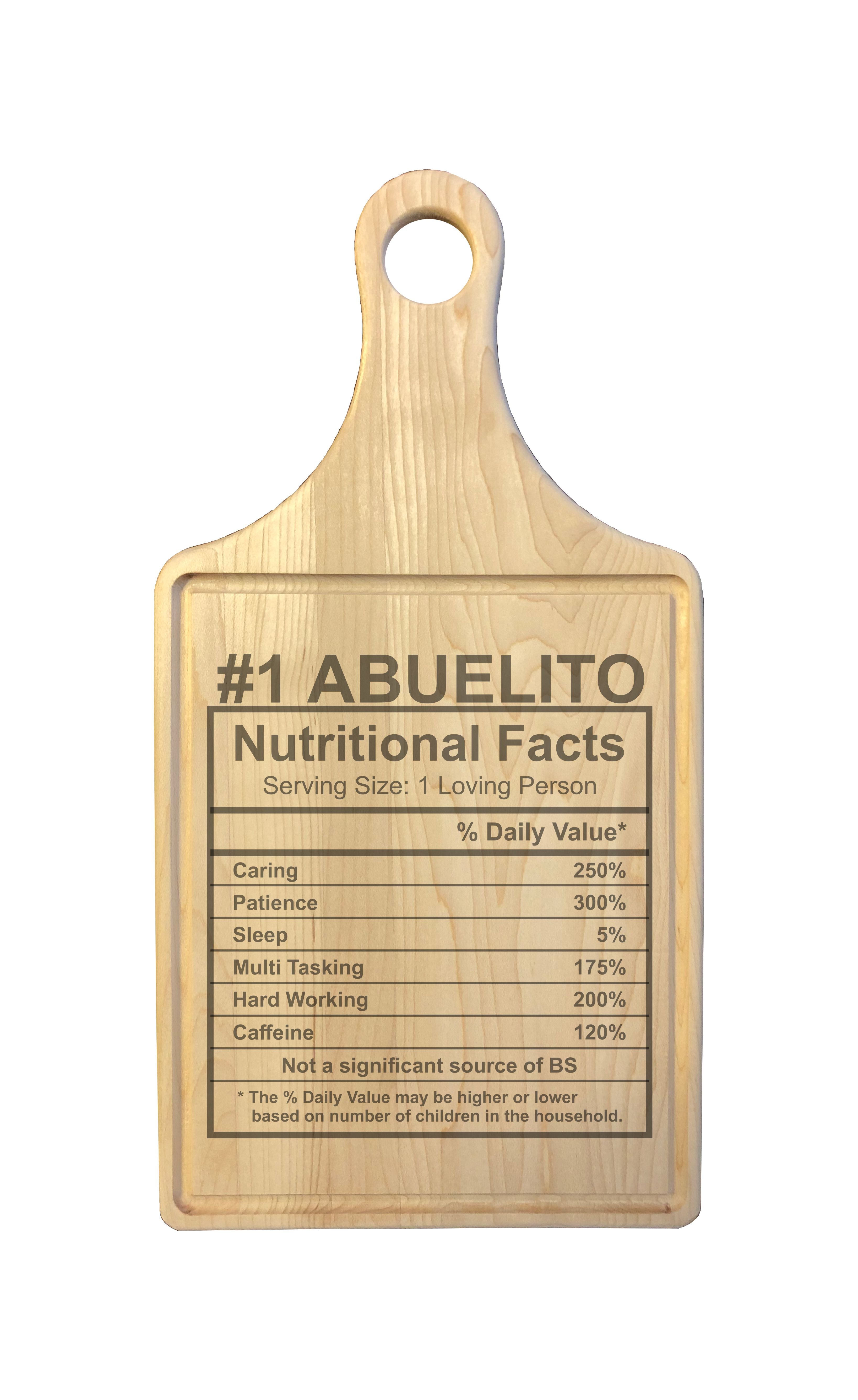 Number 1 Abuelito Nutritional Facts Engraved Natural Wood Cutting Boards, Bamboo or Maple, Abuelito Gift