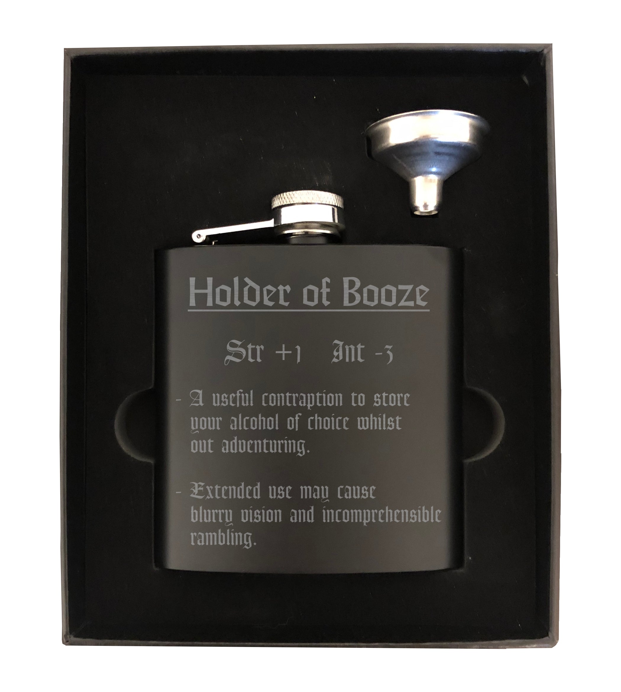 DND Gifts, Holder of Booze Funny Item Description Engraved 6 oz Stainless Steel Flask, Sets Available