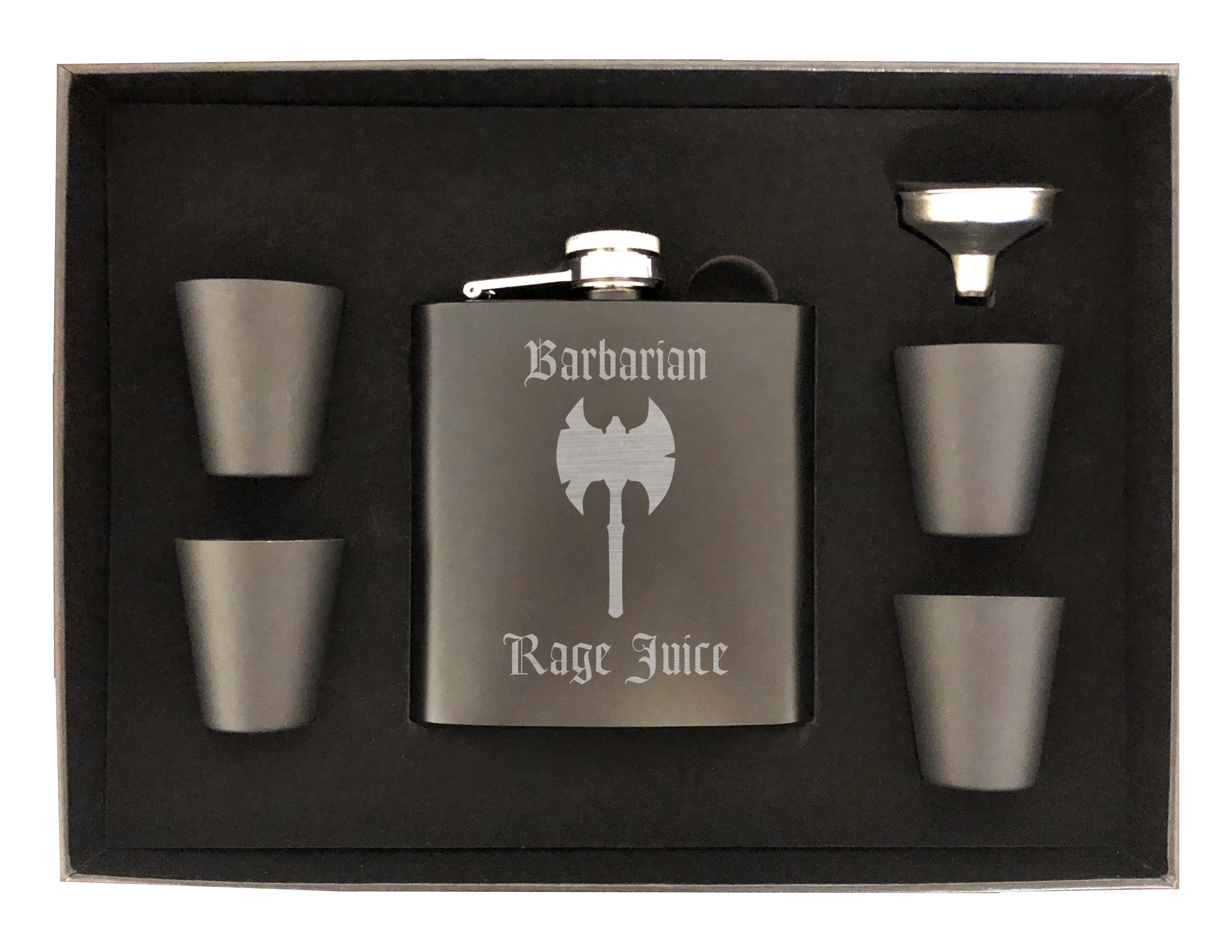 DND Gifts, Barbarian Rage Juice Engraved 6 oz Stainless Steel Flask, Sets Available